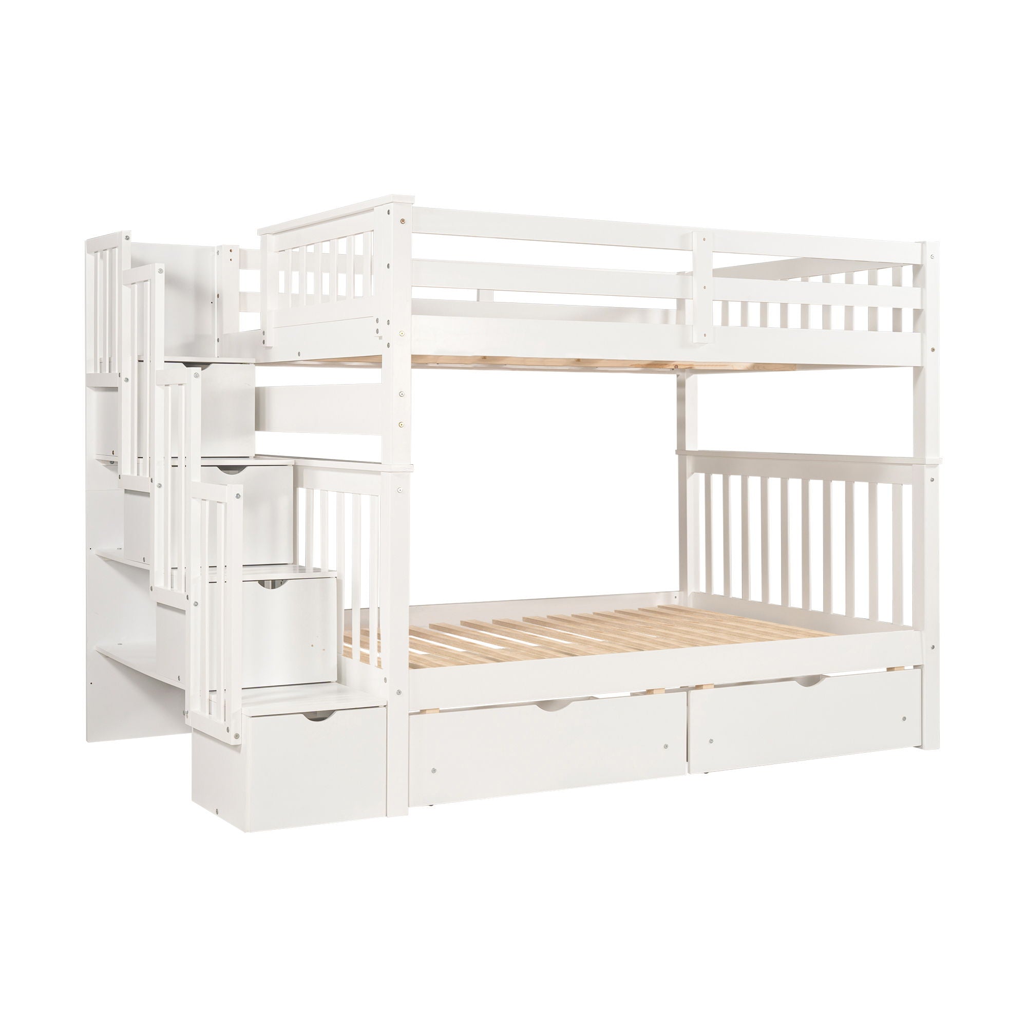 Full Over Full Bunk Bed With Shelves And 6 Storage Drawers - White