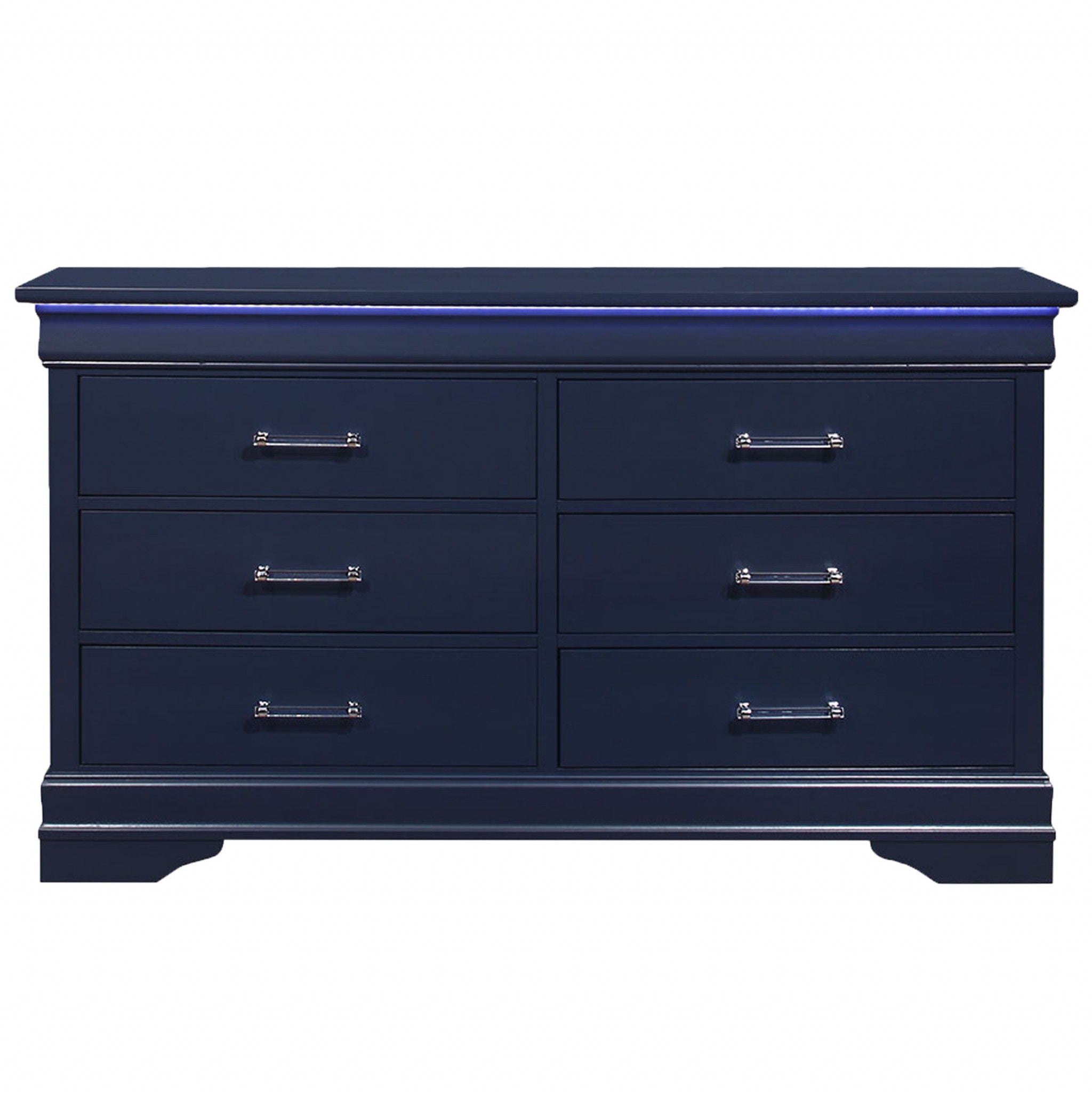 Solid Wood Six Drawer Double Dresser With Led - Blue