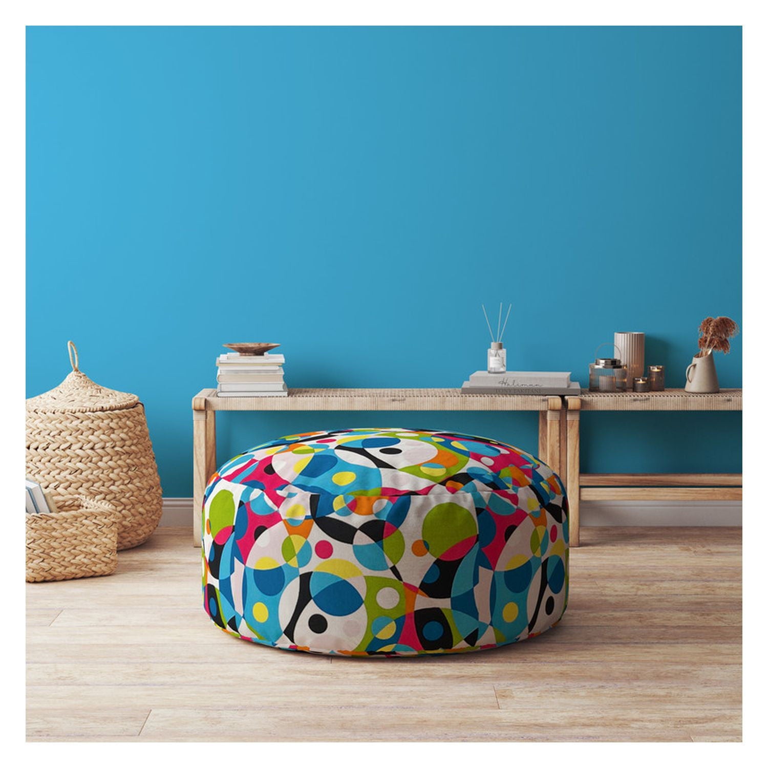 Cotton Round Patchwork Pouf Cover - Blue / White