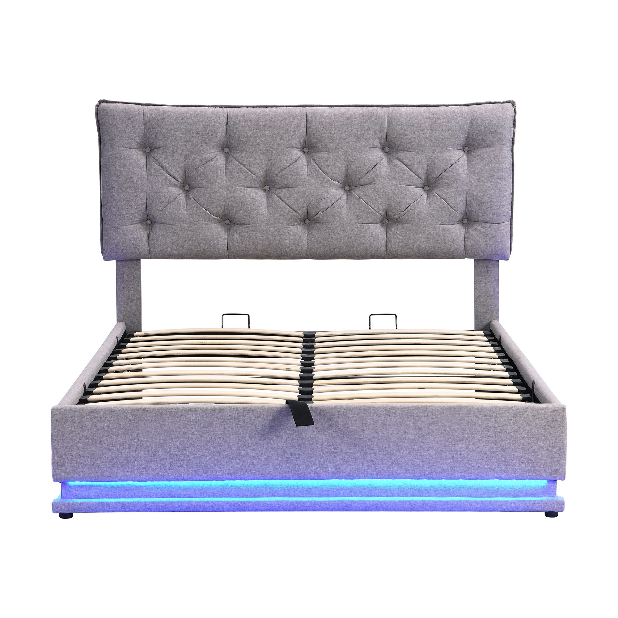 Upholstered Bed With Hydraulic Storage System And LED Light, Modern Platform Bed With Button-Tufted Design Headboard