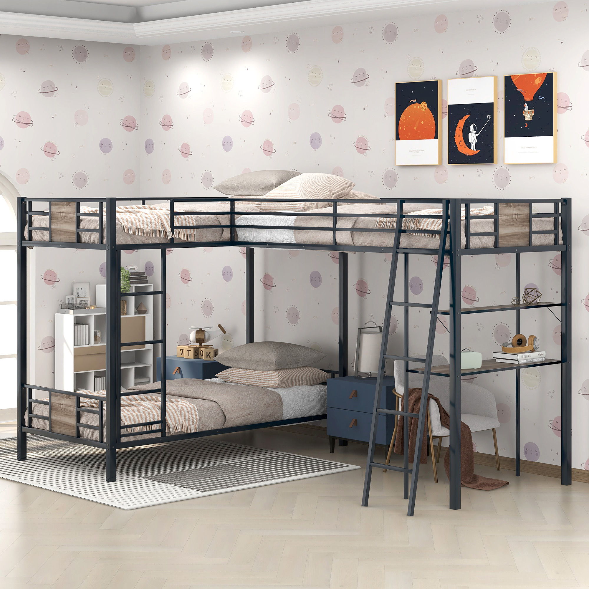 L-Shaped Twin Over Twin Bunk Bed With Twin Size Loft Bed With Desk And Shelf - Brown