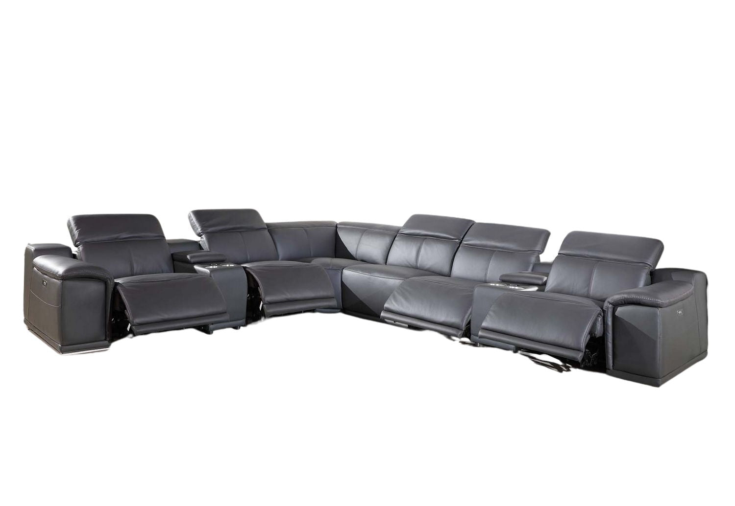 Italian Leather U Shaped Power Reclining Eight Piece Corner Sectional With Console - Gray