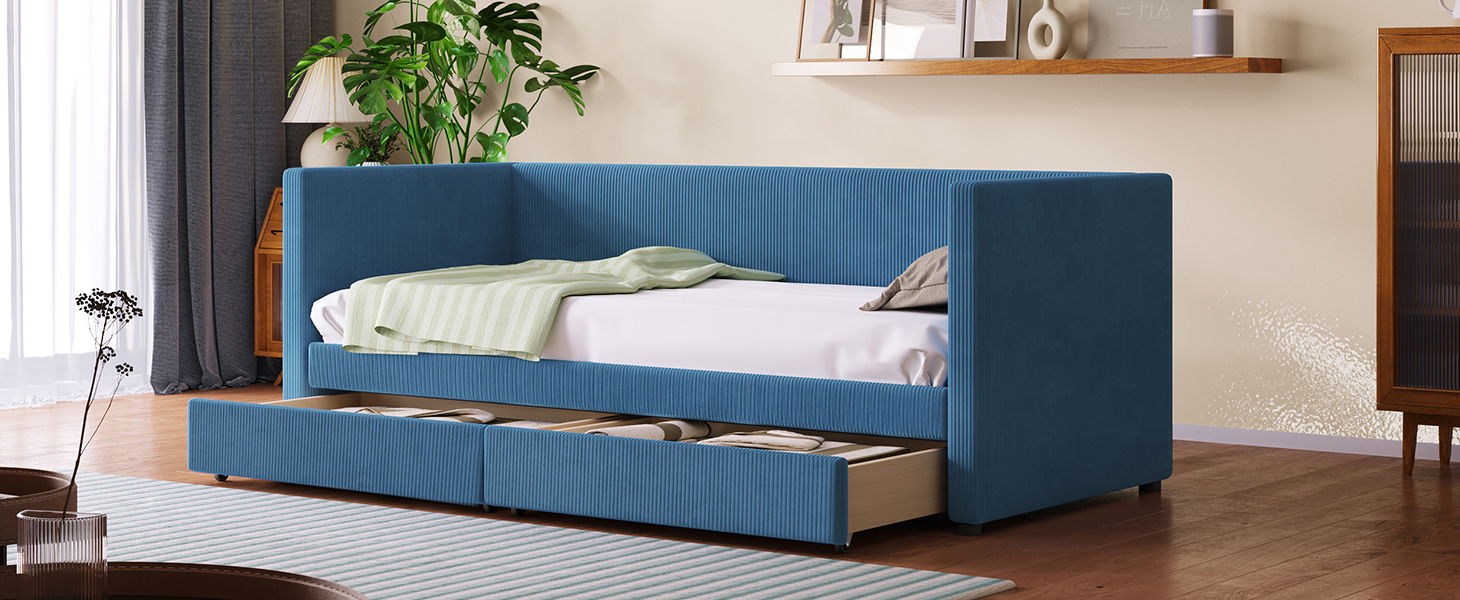 Twin Size Corduroy Daybed With Two Drawers And Wood Slat