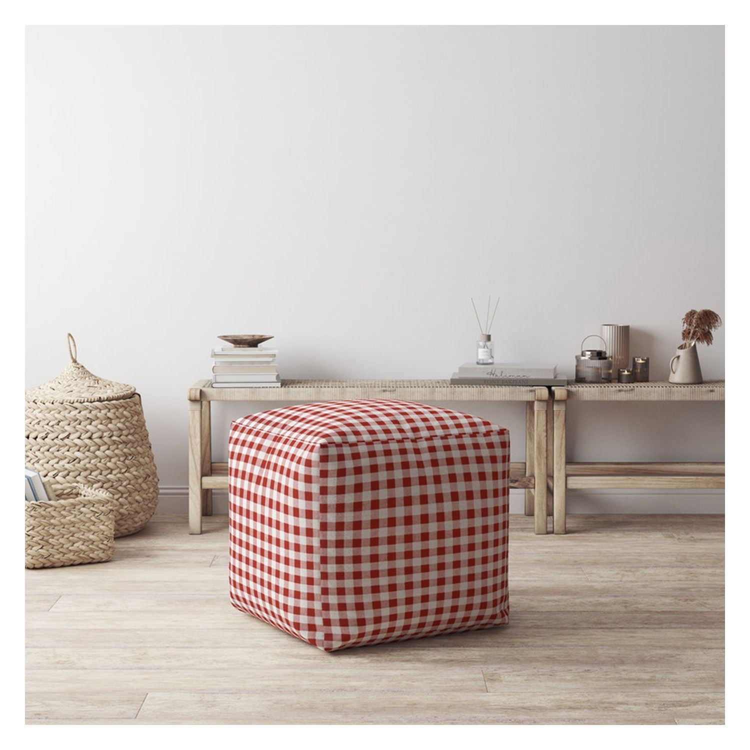 Cotton Gingham Pouf Ottoman - Red / White