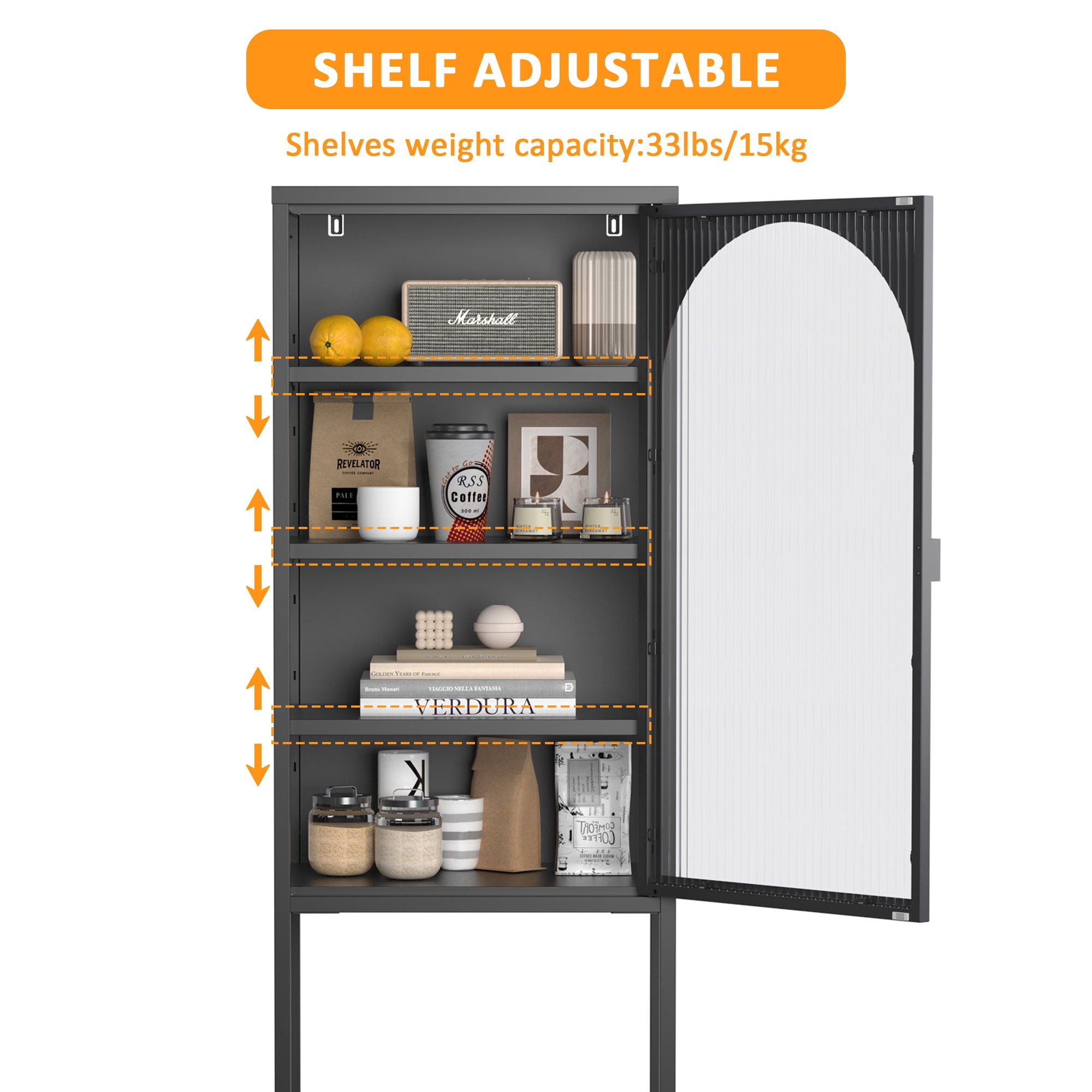 Metal Glass Door Display Storage Cabinet - 5 Tier Cube Bookshelf Storage Cabinet With 3 Adjustable Shelves For Kitchen, Dining Room, Living Room, Bathroom, Home Office