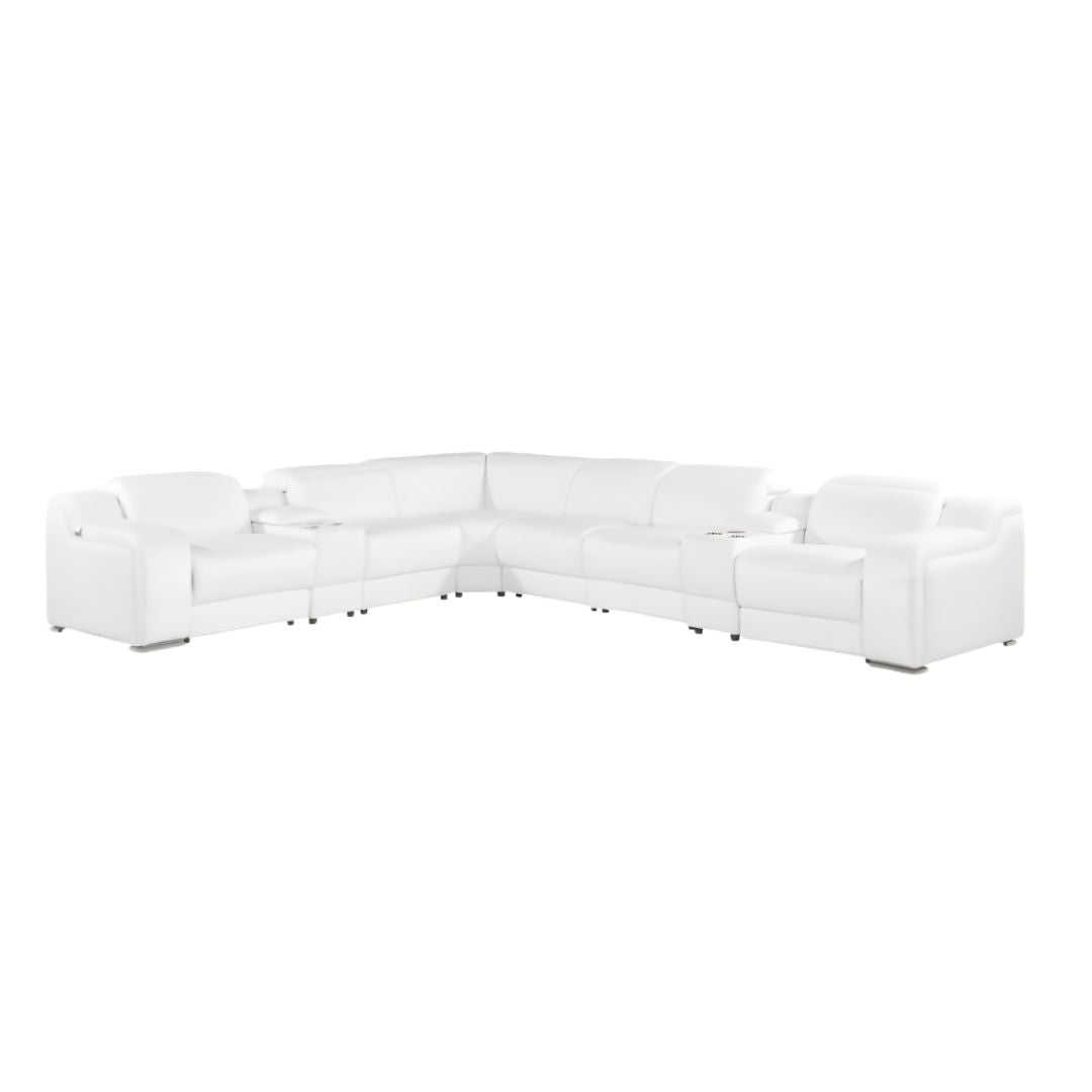 Italian Leather Power Reclining Eight Piece Corner Sectional With Console L Shaped - White