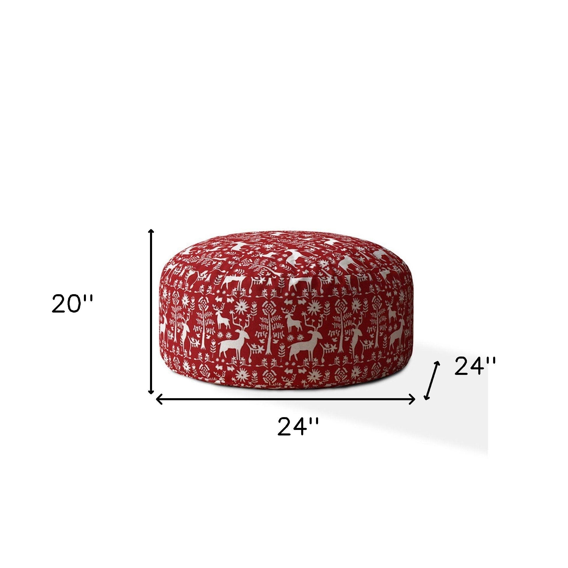 Cotton Round Stag Pouf Ottoman - Red / White