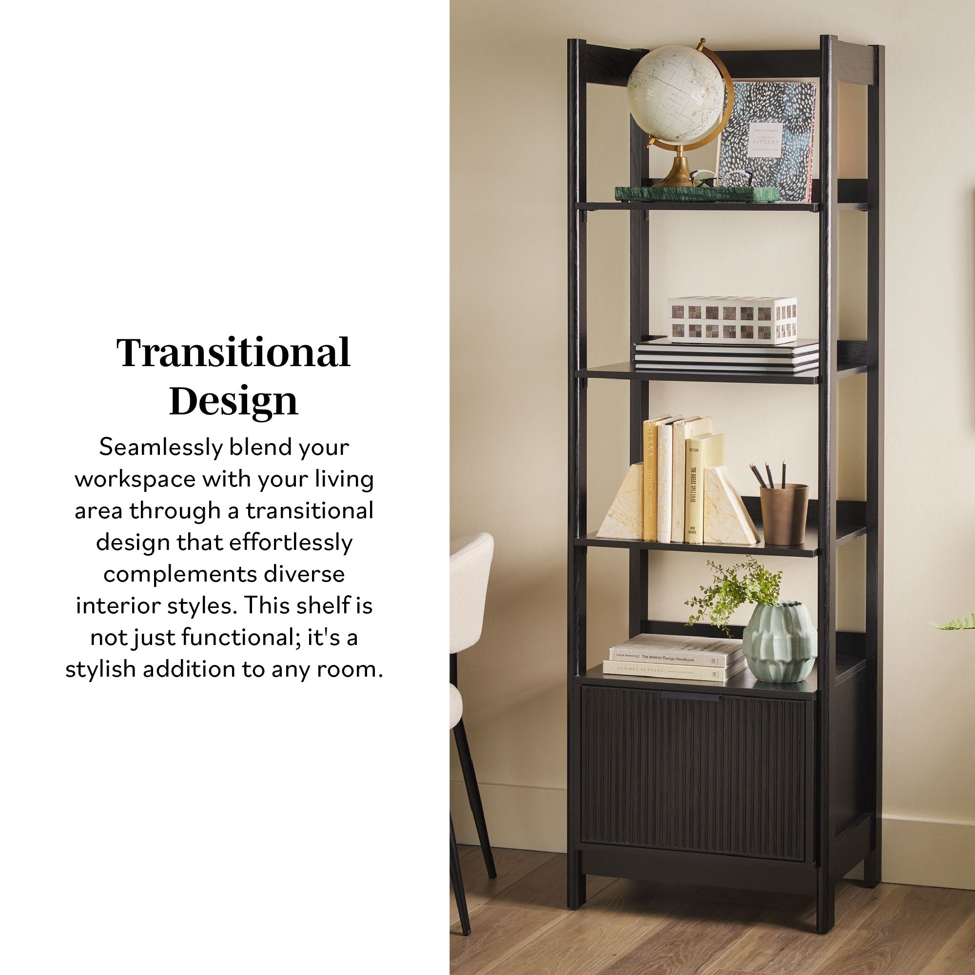 Transitional Narrow Bookshelf With Drawer On Bottom