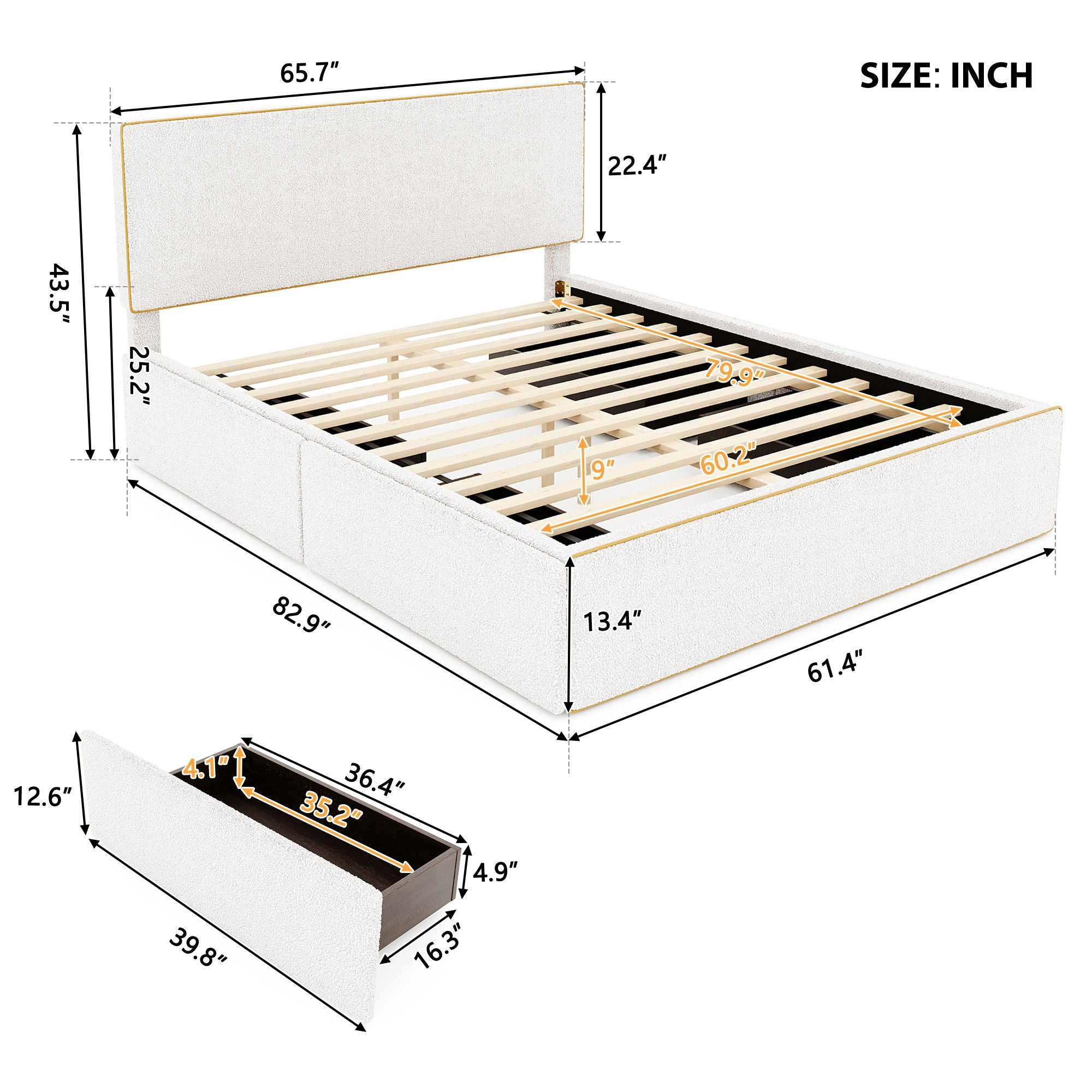 Upholstered Platform Bed With 4 Drawers And Edge On The Headboard & Footboard