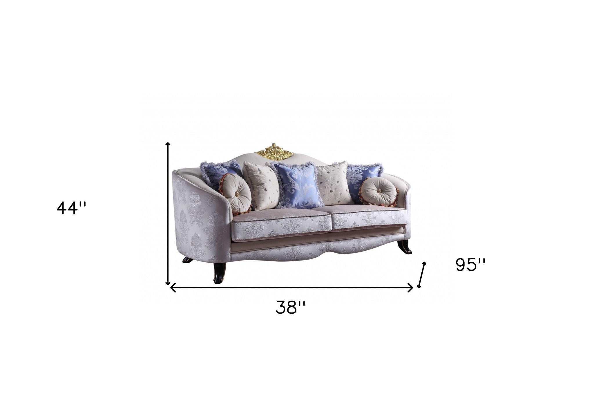 Velvet Curved Damask Sofa And Toss Pillows With Black Legs - Cream