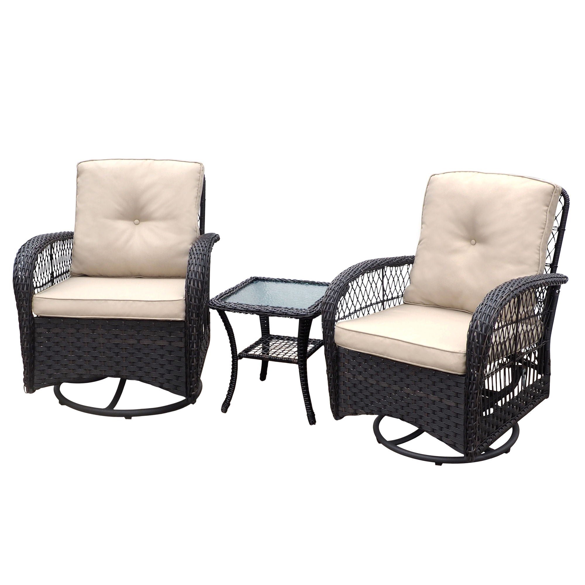 3 Pieces Conversation Set, Outdoor Wicker Rocker Swivel Patio Bistro Set, Rocking Chair With Glass Top Side Table