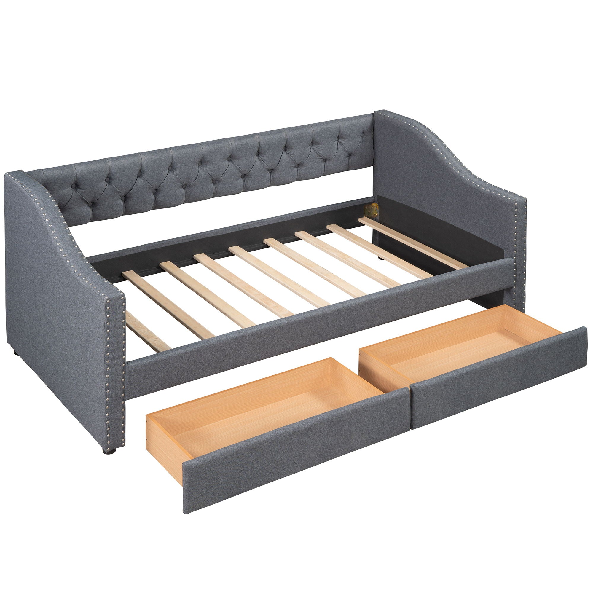 Twin Size Upholstered Daybed With Two Drawers, Wood Slat Support - Gray