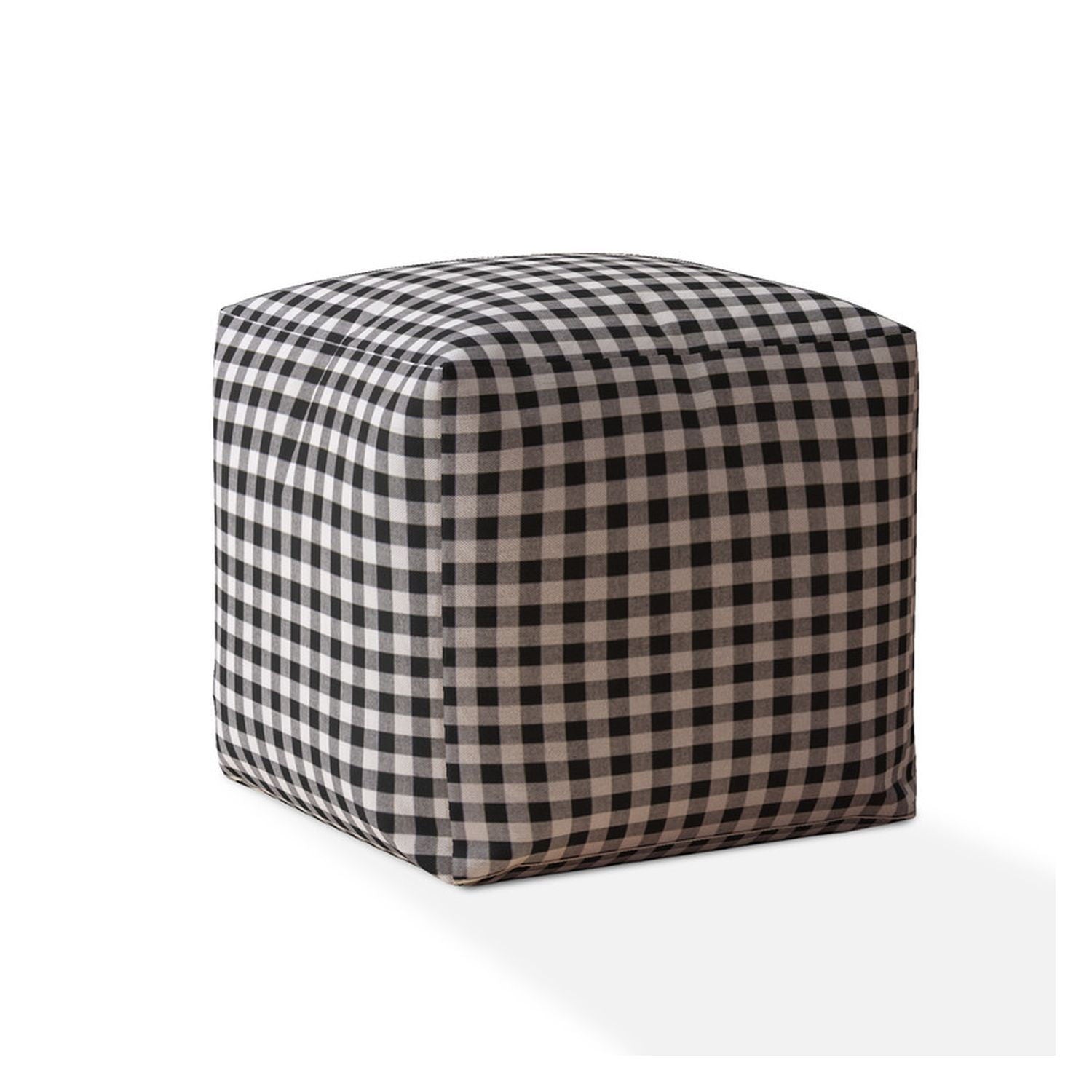 Cotton Gingham Pouf Ottoman - Gray / Black