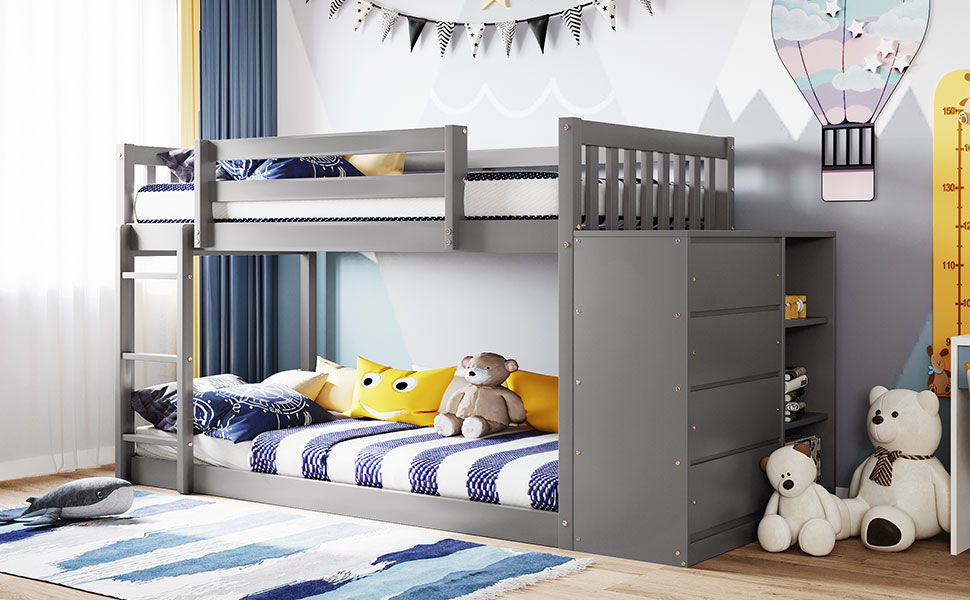 Twin Over Twin Bunk Bed With 4 Drawers And 3 Shelves