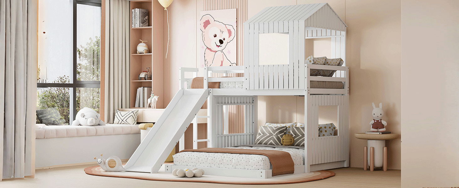 Wooden Twin Over Full Bunk Bed, Loft Bed With Playhouse, Farmhouse, Ladder, Slide And Guardrails - White