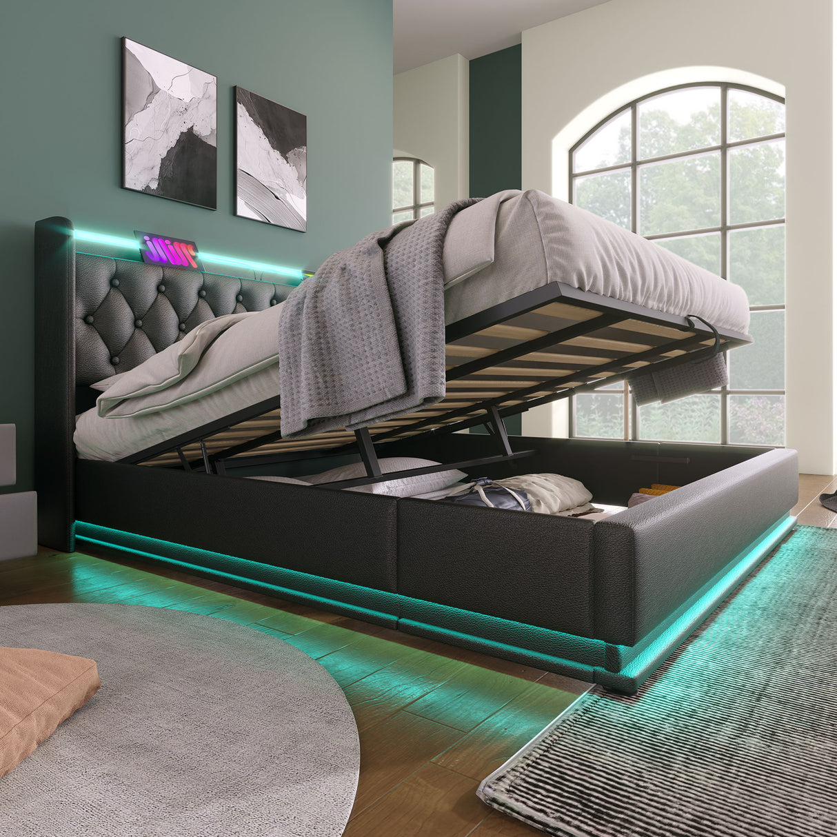 Upholstered Bed, 360 Surround LED Function, Remote Control, Hydraulic Storage Bed With USB, Type-C Charging (Without Mattress)
