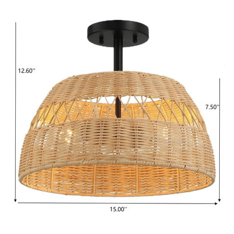 Twinkle - Double Lights Semi Flush With Shade - Black / Rattan - view 7