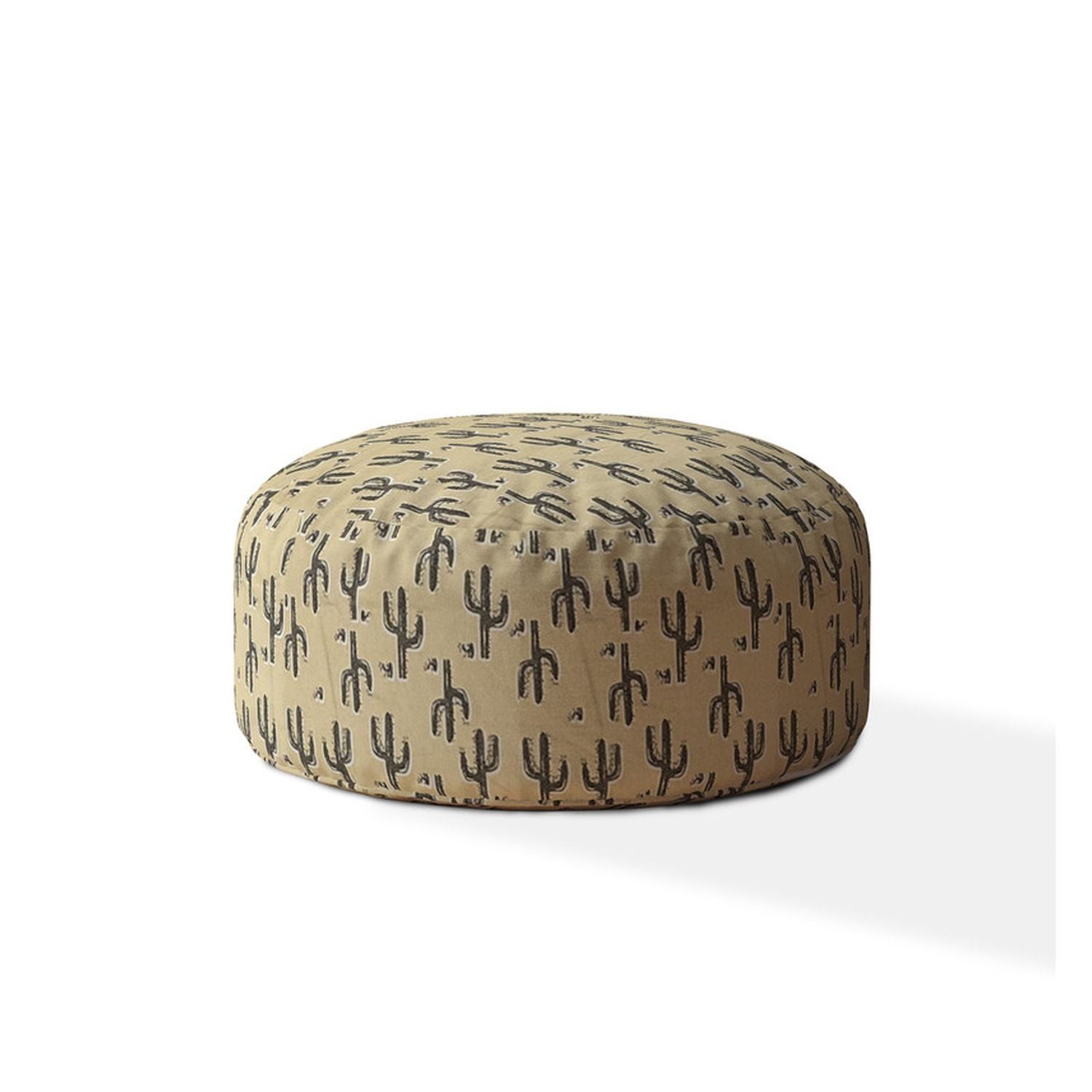 Cotton Round Floral Pouf Ottoman - Beige