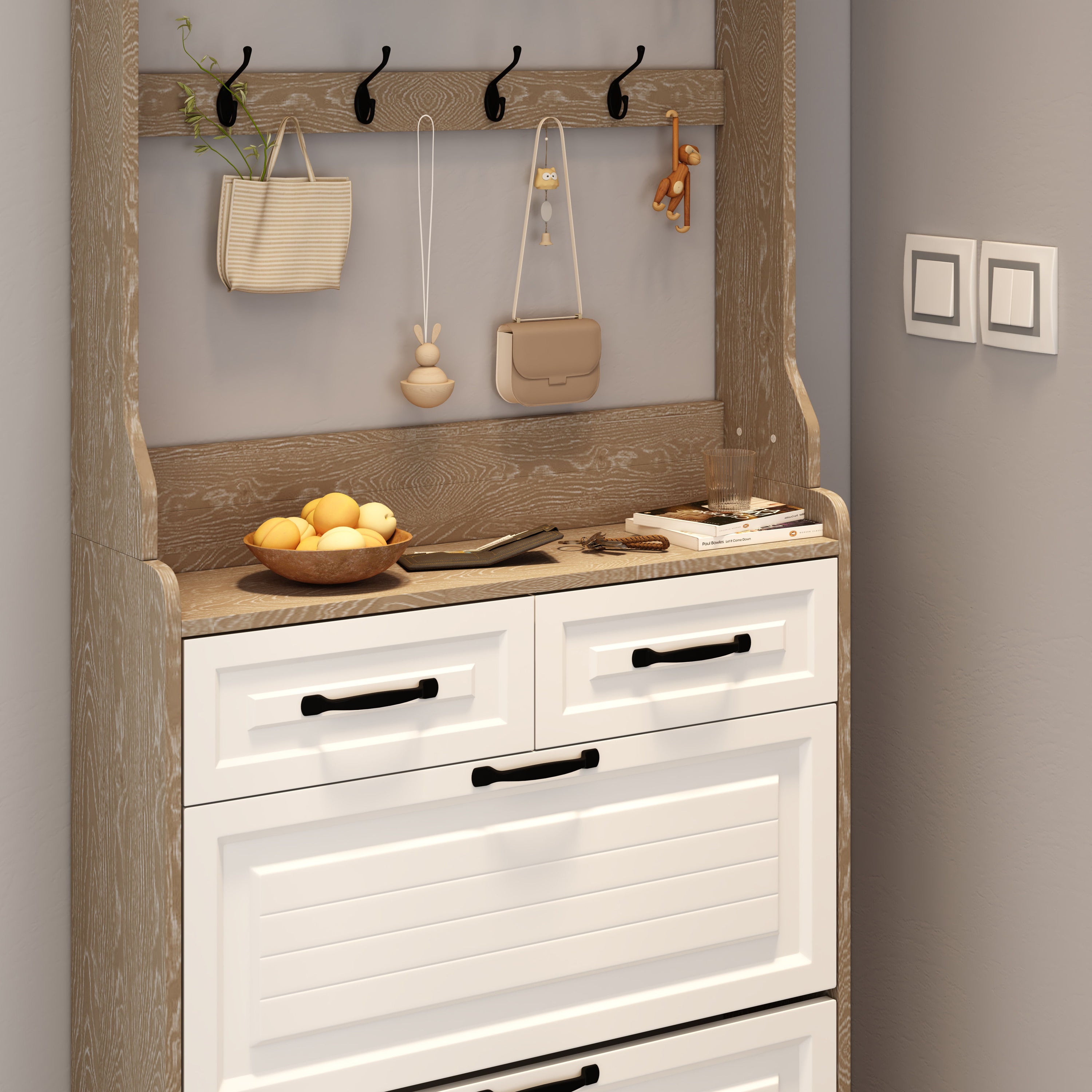 Shoe Cabinet With 3 Doors 2 Drawers With Hanger, Door With Shape, Large Space For Storage