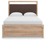 Kinlanni - 3 Pc. - Queen Upholstered Panel Bed, Dresser And Mirror - Tan
