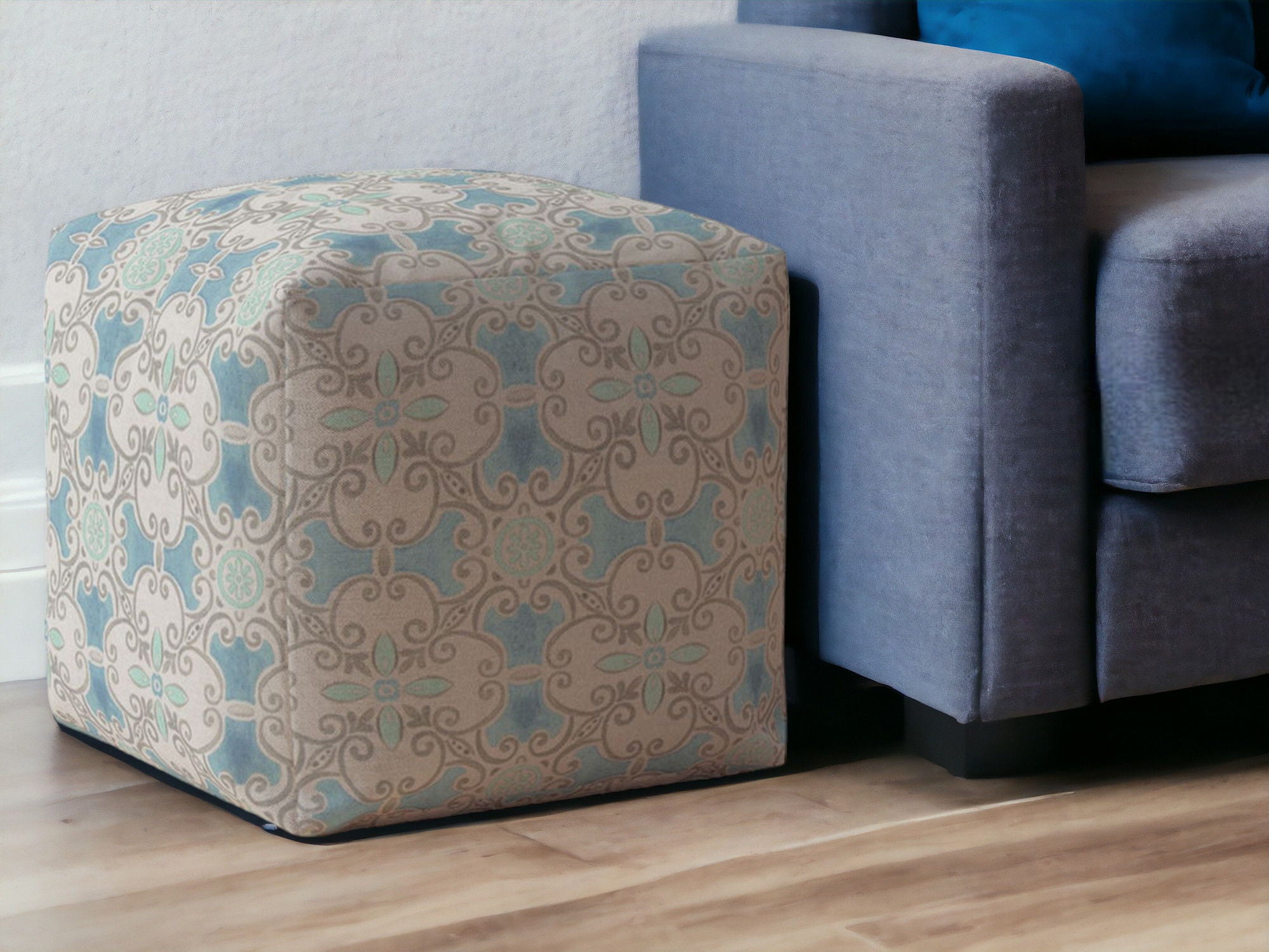 Cotton Ikat Pouf Ottoman - Blue