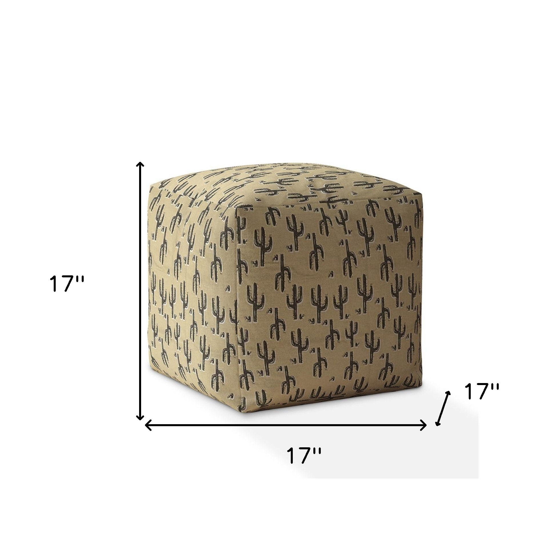 Cotton Floral Pouf Ottoman - Beige