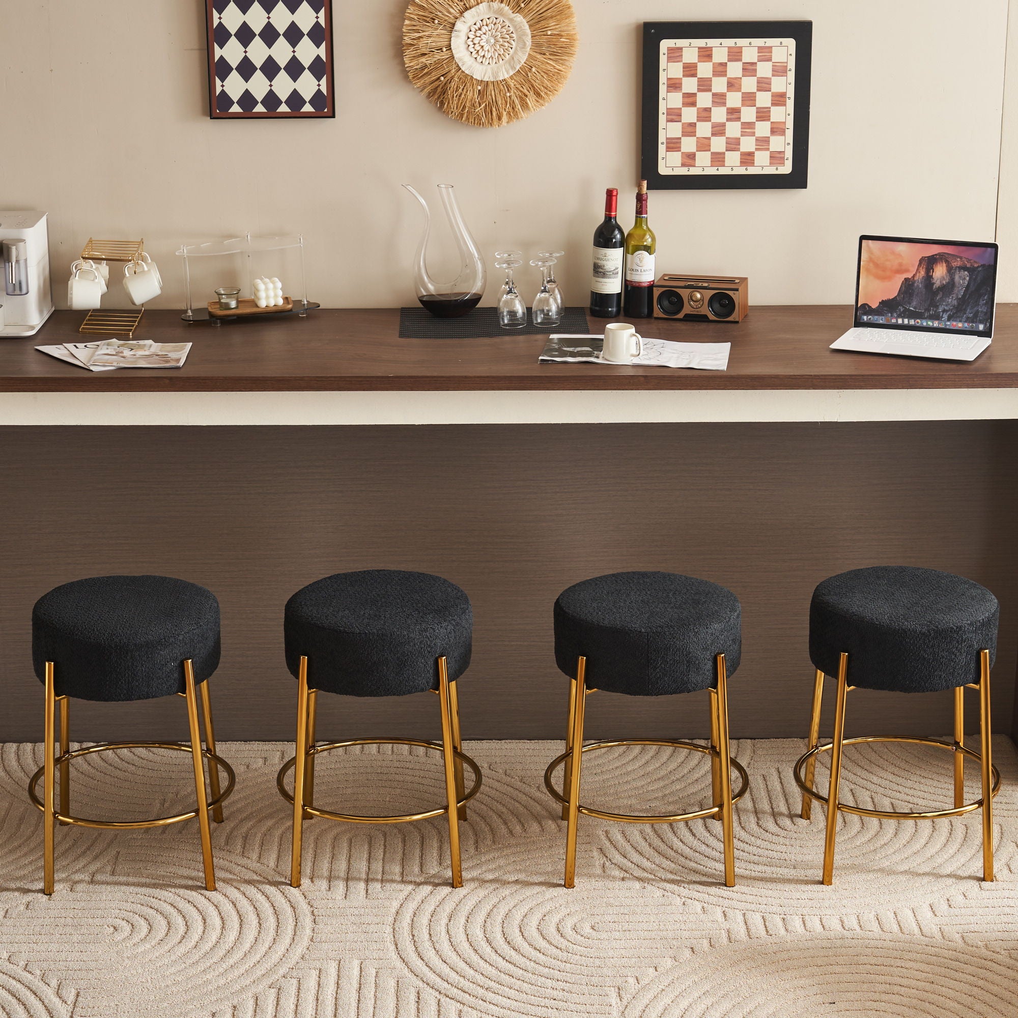 Round Bar Stools (Set of 2), Contemporary Upholstered Dining Stools For Kitchens, Coffee Shops And Bar Stores - Gold Legs