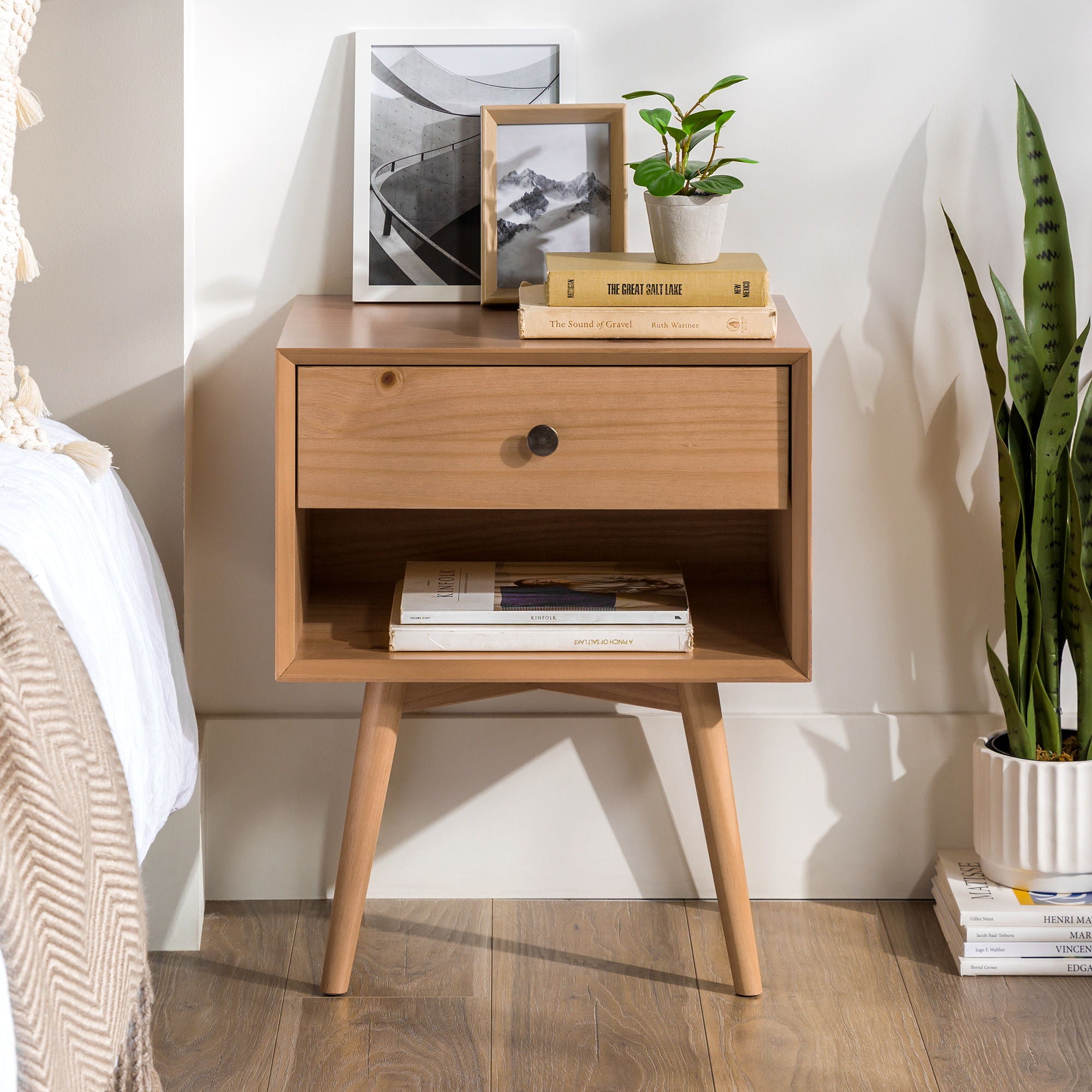 Mid-Century Modern Single Drawer Solid Wood Nightstand