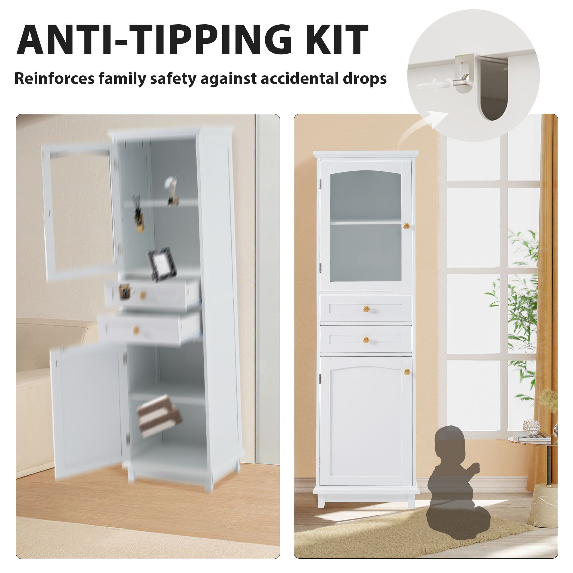 Tall Bathroom Storage Cabinet With Glass Doors, Free-Standing, Two Drawers, And Adjustable Shelves, MDF Board, Painted Perfect For Displaying Your Favorite Items