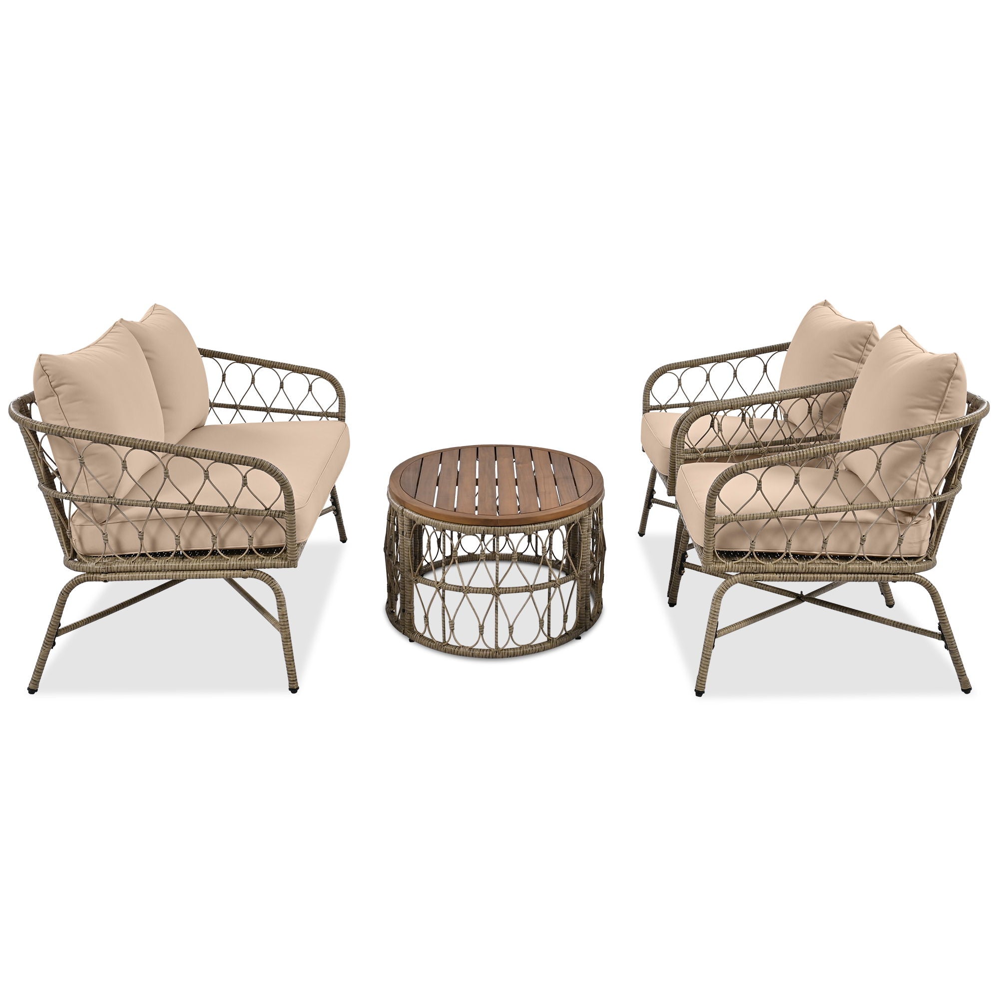 Bohemia-Inspired 4 Person Outdoor Seating Group With Removable Cushions, Conversation Patio Set With Wood Tabletop - Beige