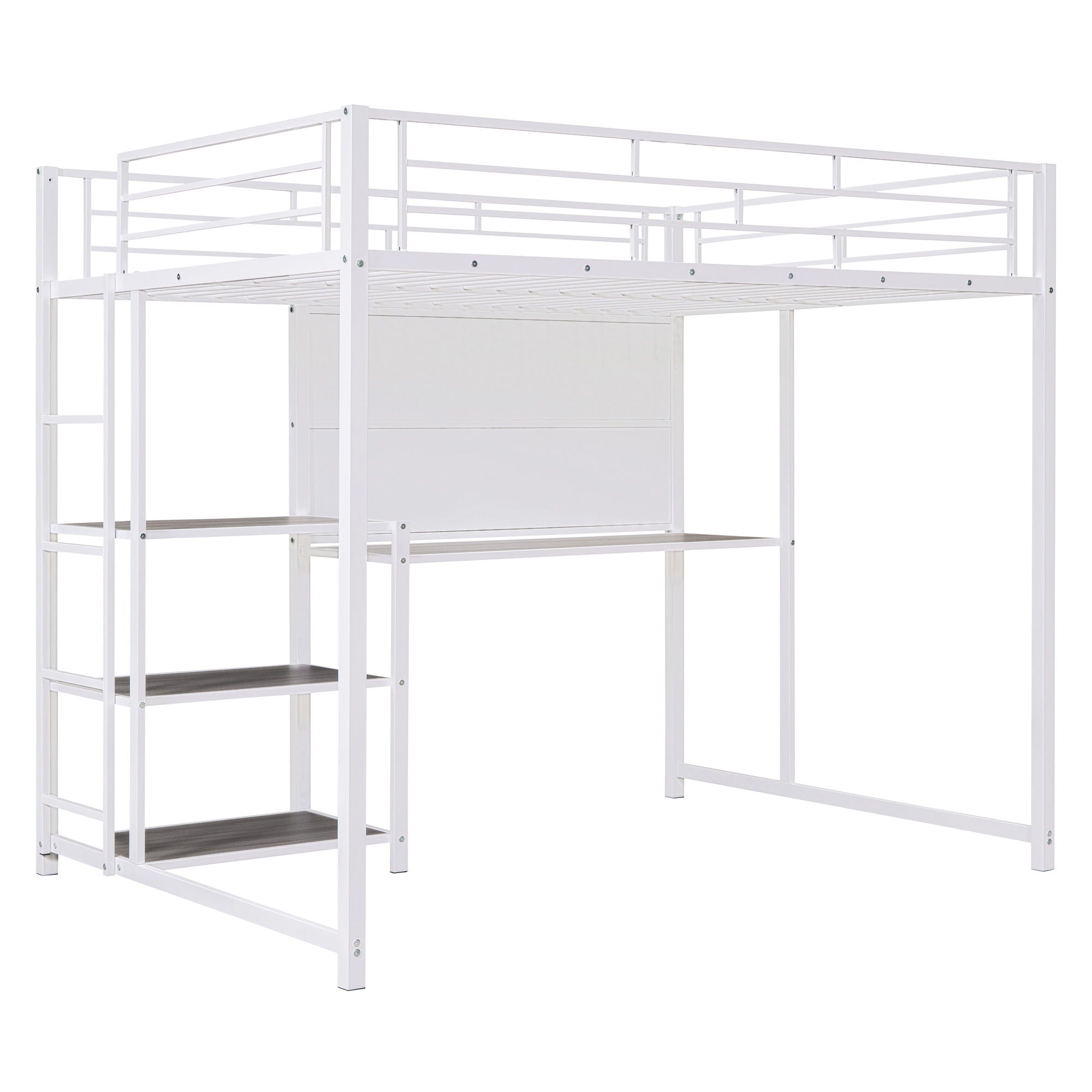 Loft Bed With Desk And Whiteboard, Metal Loft Bed With 3 Shelves And Ladder