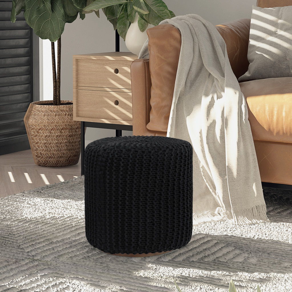 Cotton Blend Round Pouf Ottoman - Black