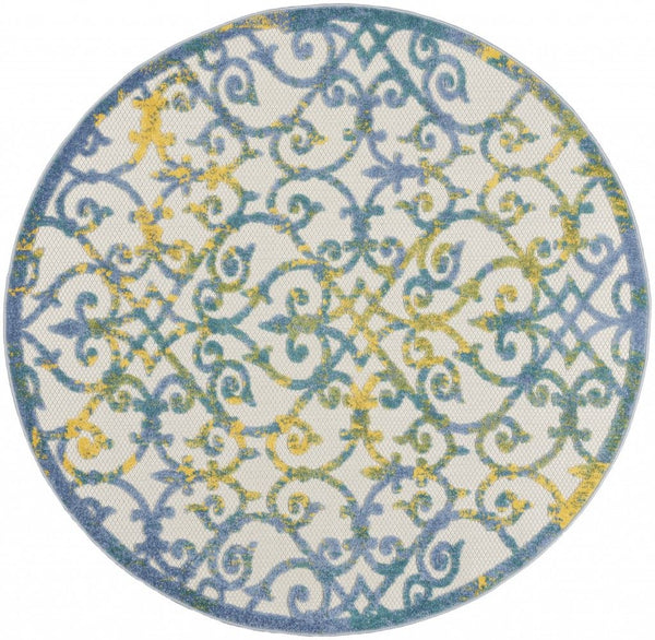 5' Round Round Floral Indoor & Outdoor Area Rug - Ivory / Blue