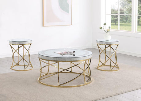 Elise - Round Mirror Top Coffee Table Set Gold 3 Pc. Coffee Table, 2 End Tables by Coaster Fine Furniture | Bel Furniture