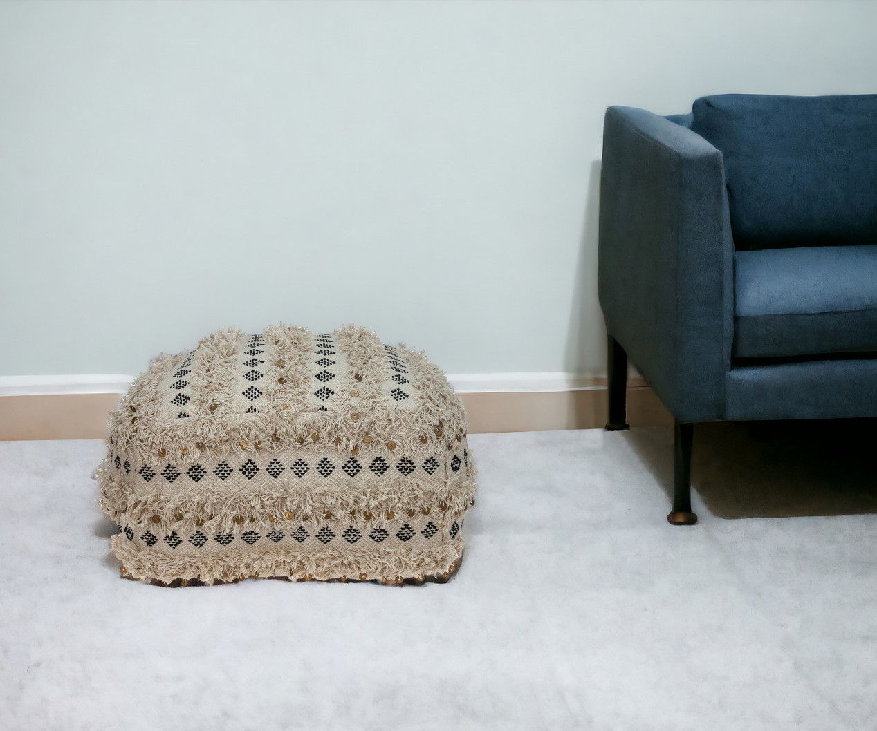 Cotton Blend Abstract Pouf Ottoman - Beige