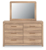 Kinlanni - 3 Pc. - Queen Upholstered Panel Bed, Dresser And Mirror - Tan