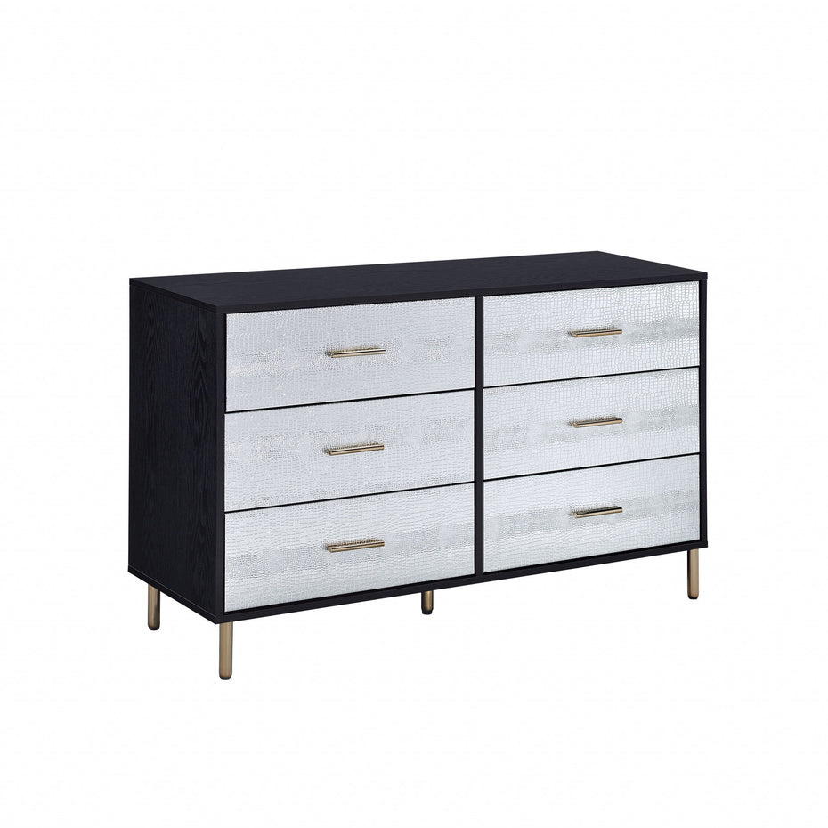 Silver And Gold Faux Croc Design Six Drawer Double Dresser - Black