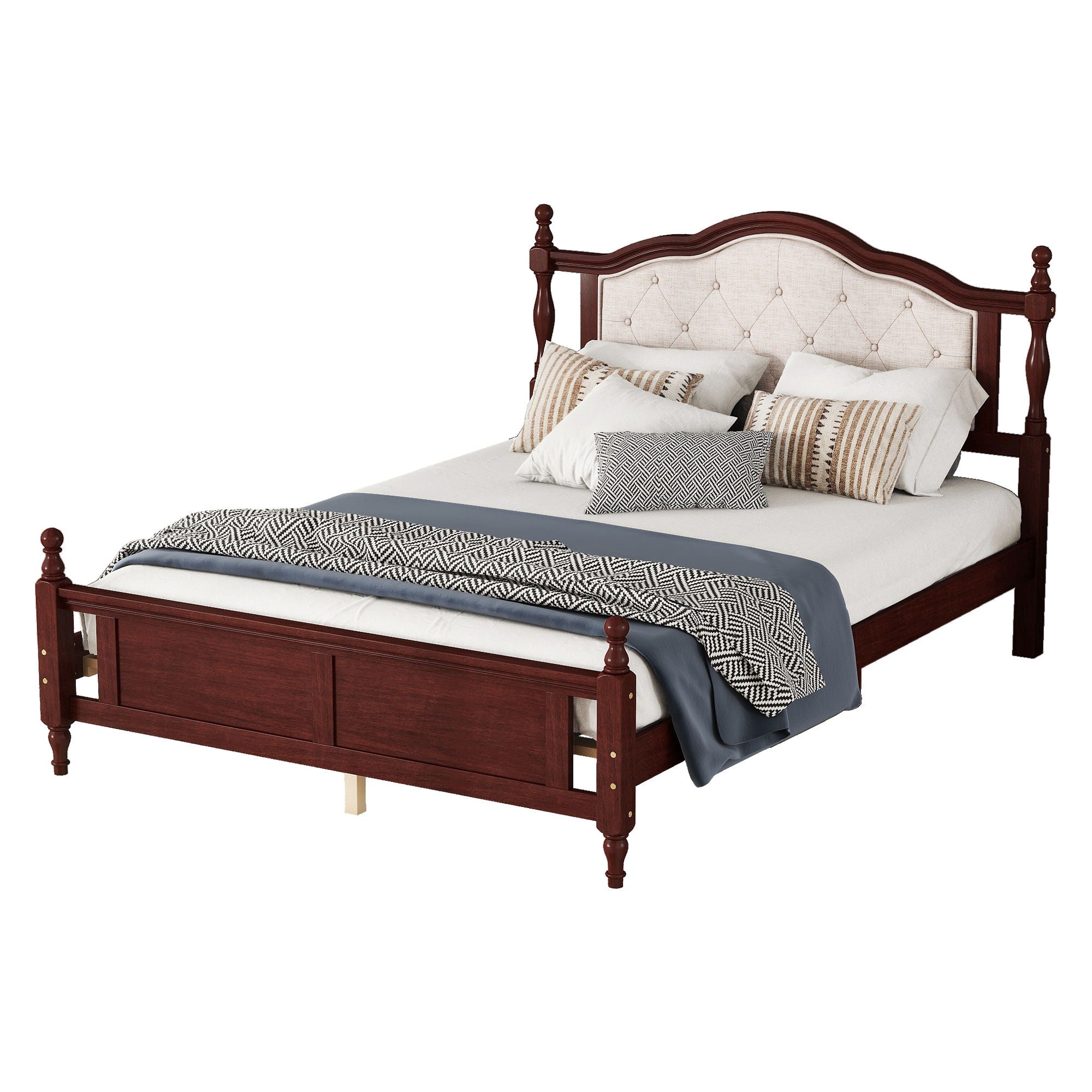 Pine Wooden Bed With Upholstered Headboard And Panel Footboard, With Two Bed Rail Support Feet And Central Platform Support Feet