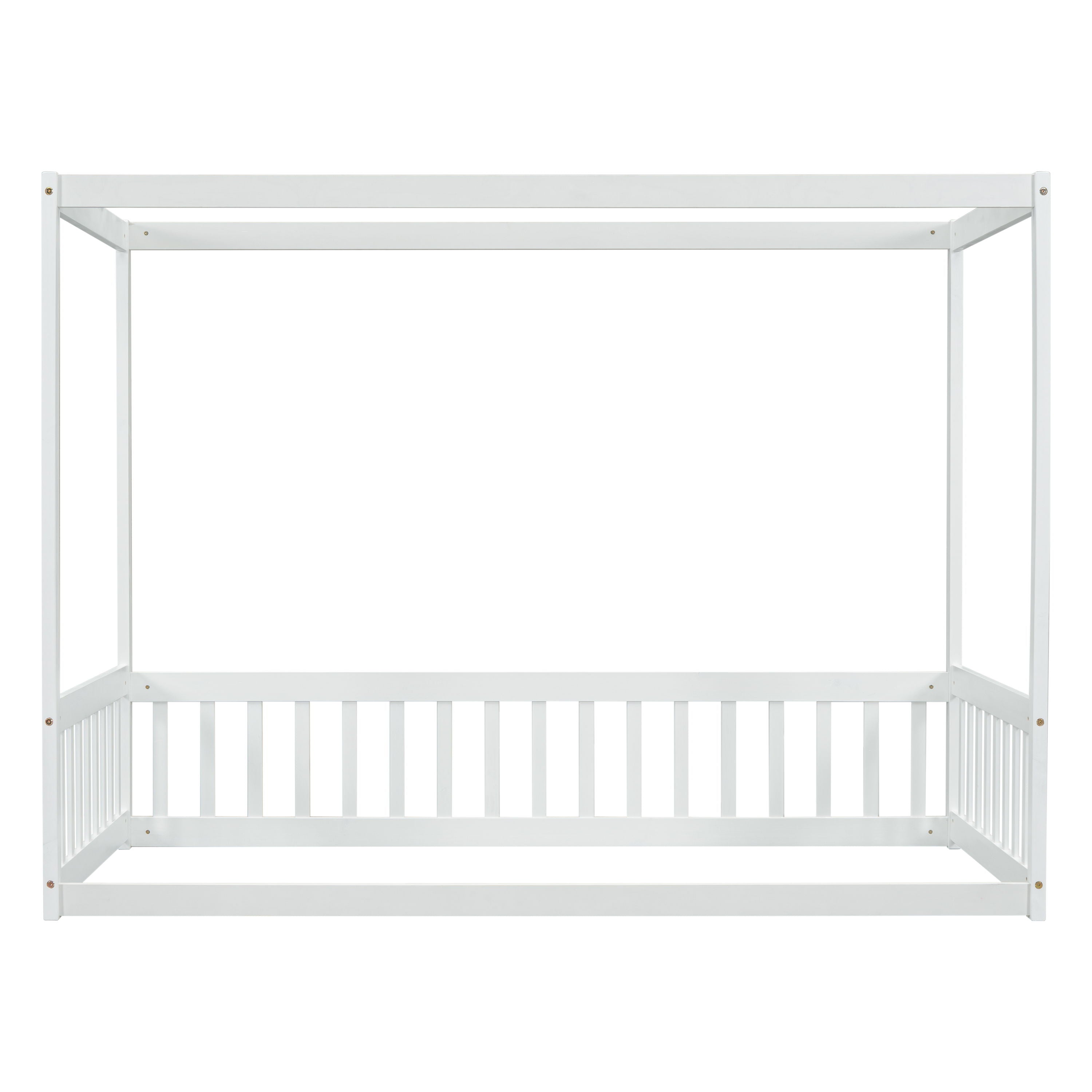 Canopy Frame Floor Bed With Fence, Guardrails