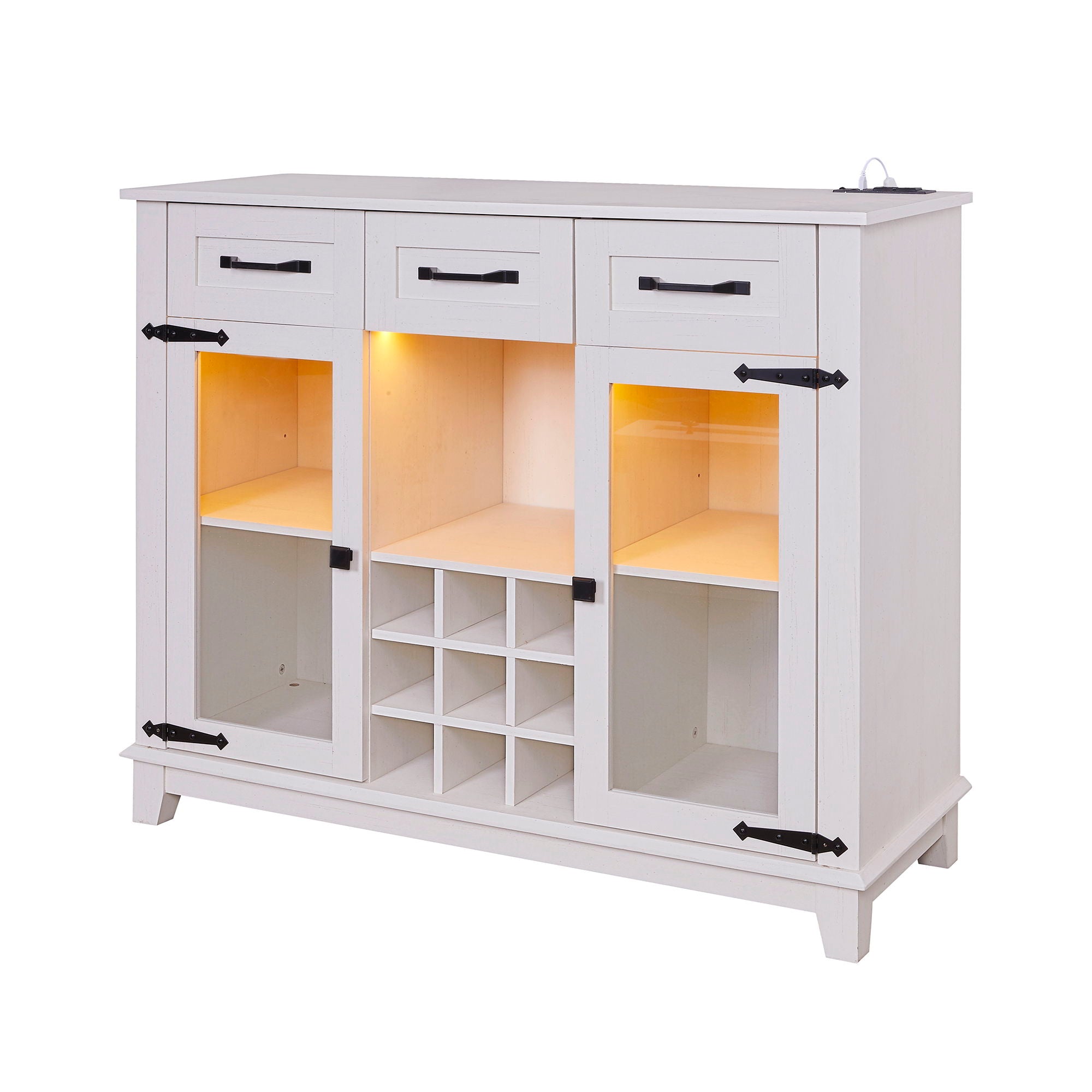 Modern Farmhouse Sideboard Buffet Coffee Bar Cabinet Storage Cabinet With LED Charging Station, Wine & Glass Rack, 3 Drawers, For Kitchen, Dining Room, Living Room - Antique White