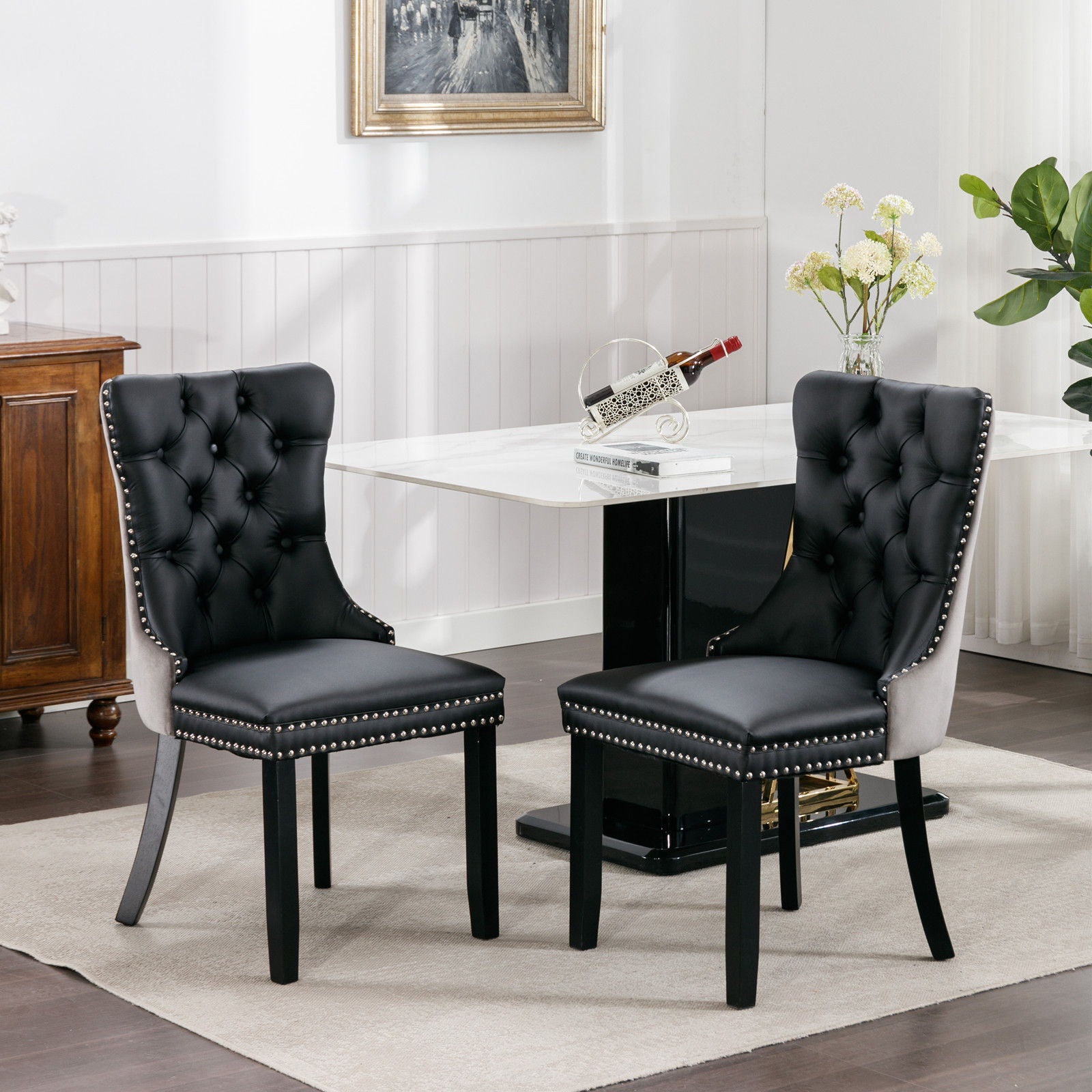 Nikki - Modern, High-End Tufted Solid Wood Contemporary PU And Velvet Upholstered Dining Chair With Wood Legs Nailhead Trim (Set of 2)