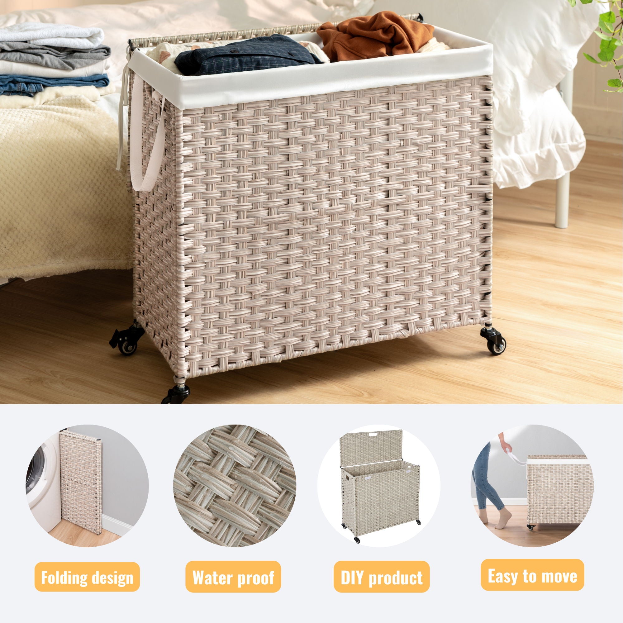 Laundry Hamper With Lid PE Rattan Powder Coating Frame Clothes Hampers With 2 Removable Bags