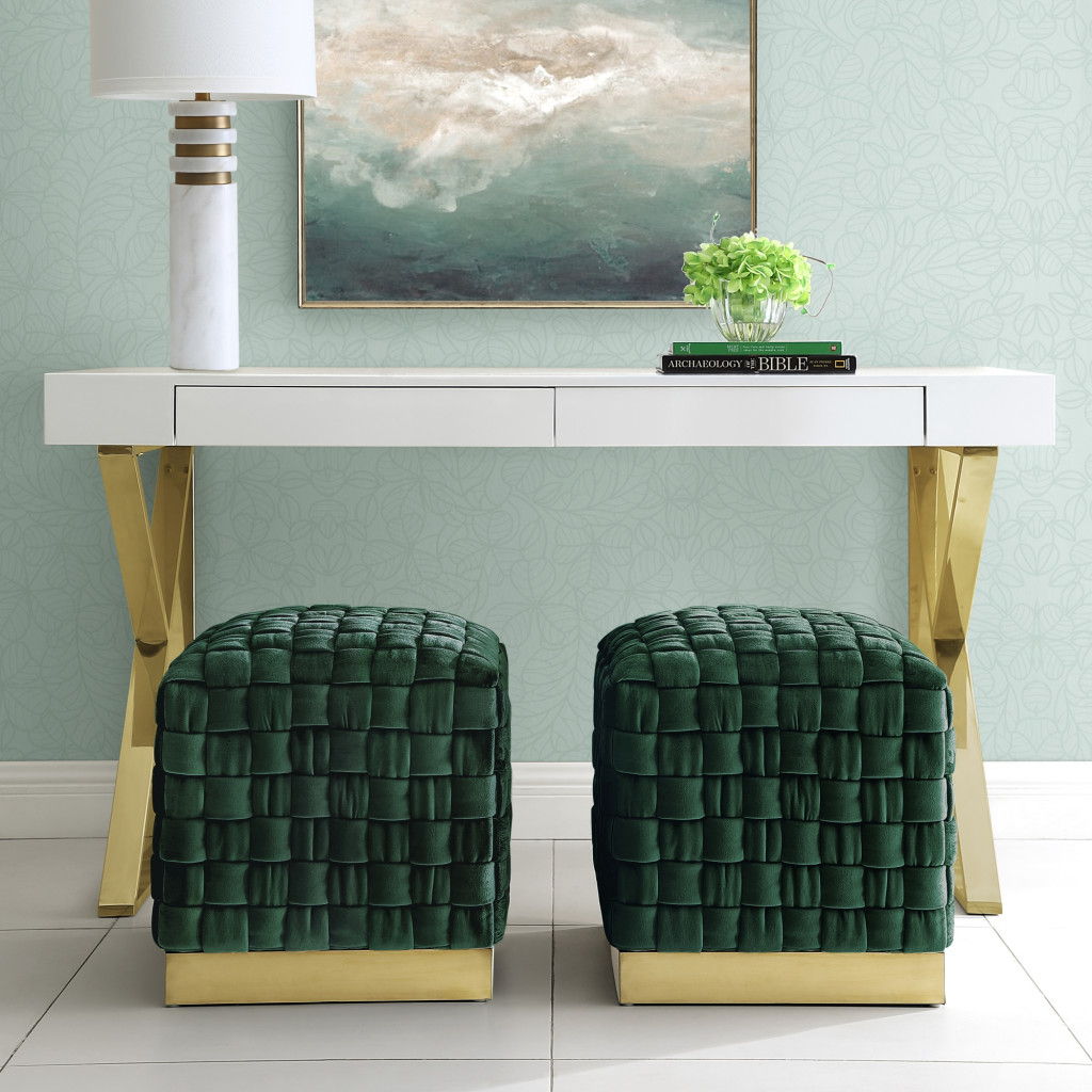 Velvet Ottoman - Hunter Green / Gold