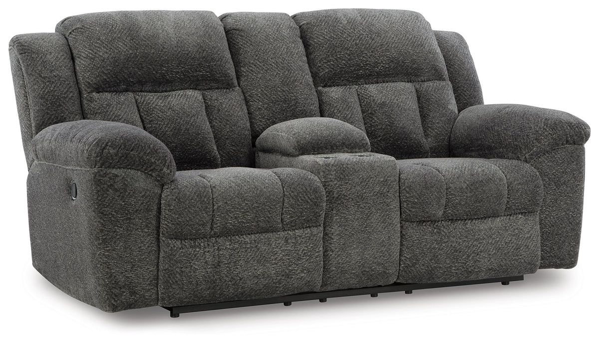 Frohn - Dbl Reclining Loveseat With Console Dark Gray by Signature Design by Ashley® | Bel Furniture