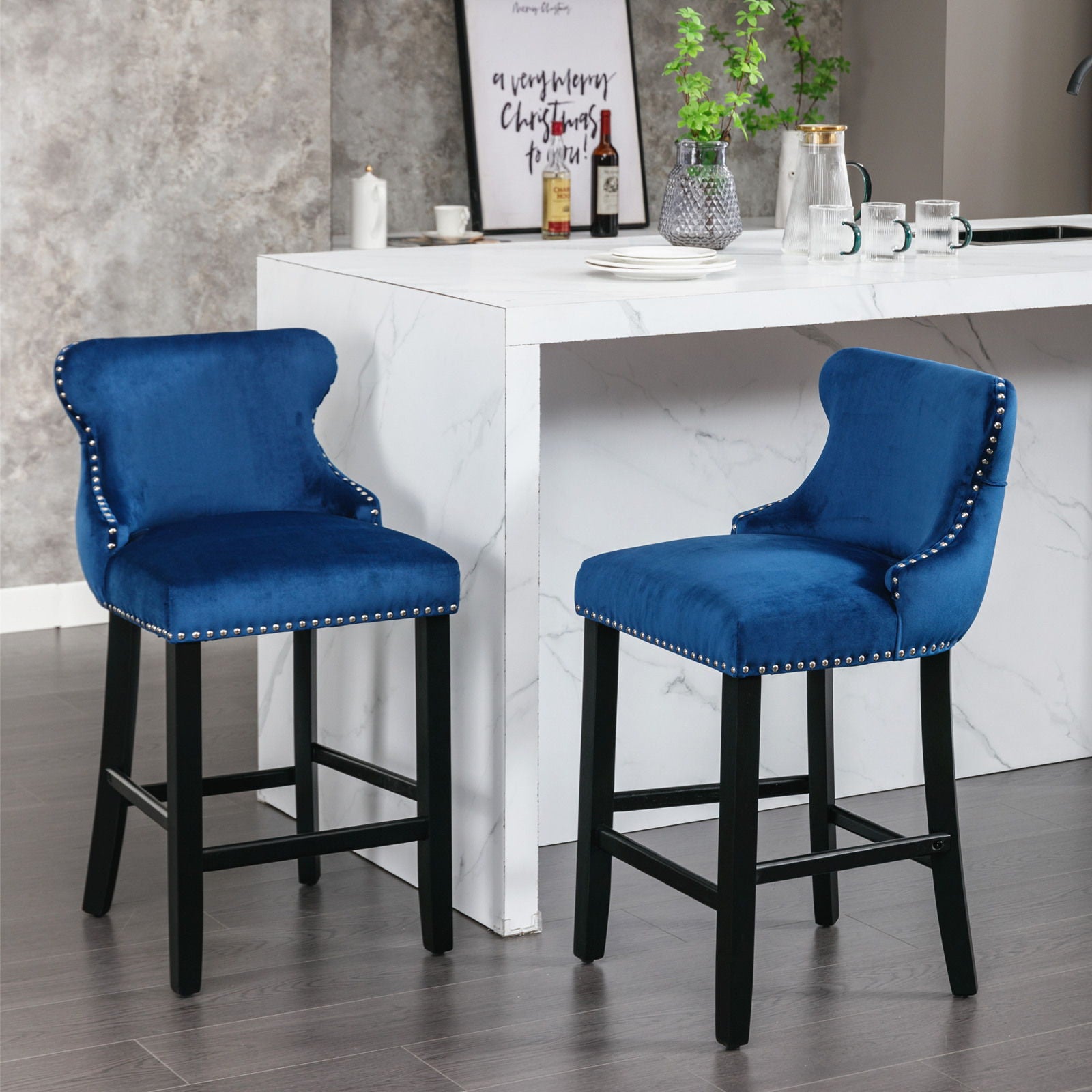 Contemporary Velvet Upholstered Wing-Back Barstools With Button Tufted Decoration And Wooden Legs, And Chrome Nailhead Trim, Leisure Style Bar Chairs, Bar Stools (Set of 4)