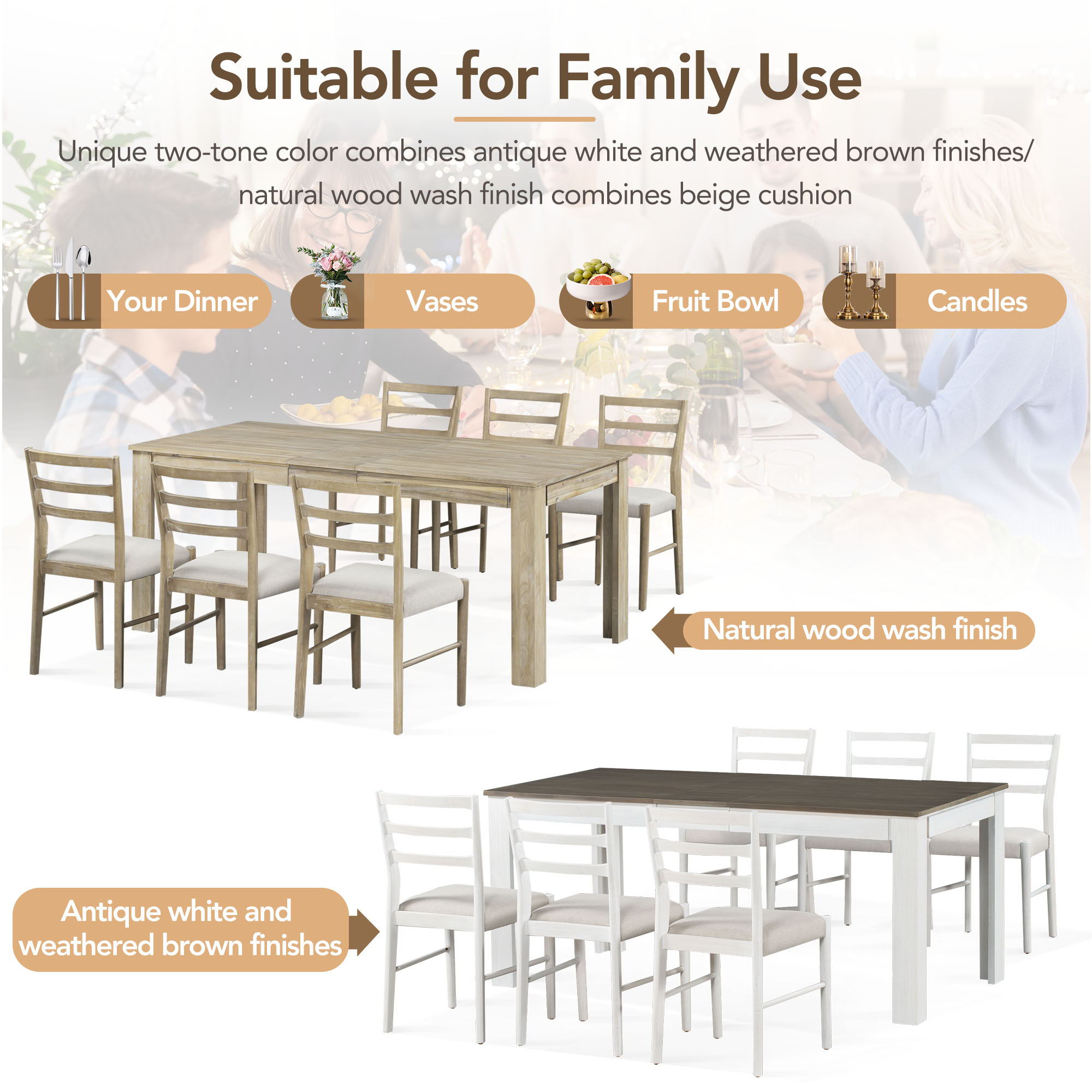 Wooden Dining Table Set Mutifunctional Extendable Table With Leaf And 2 Drawers, Dining Chairs With Soft Cushion