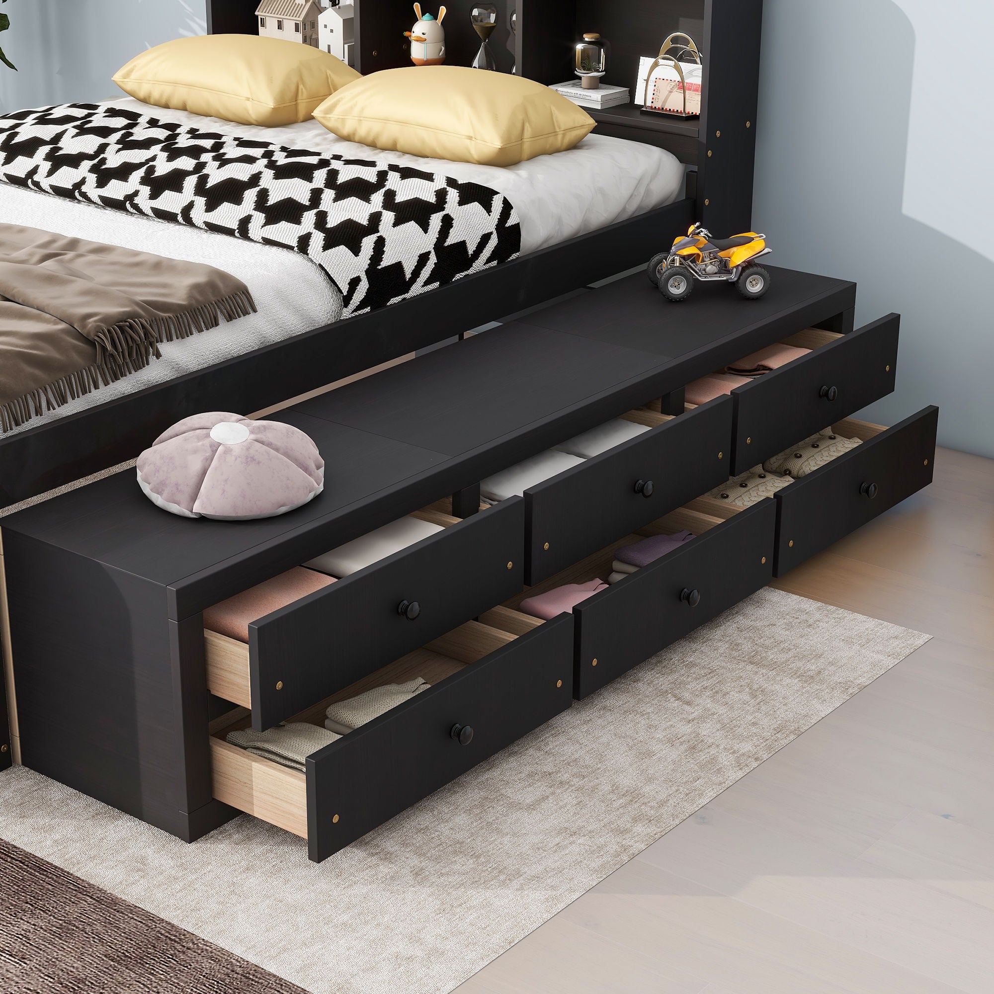 Bed With Bookcase Headboard, Under Bed Storage Drawers And Bed End Storage Case