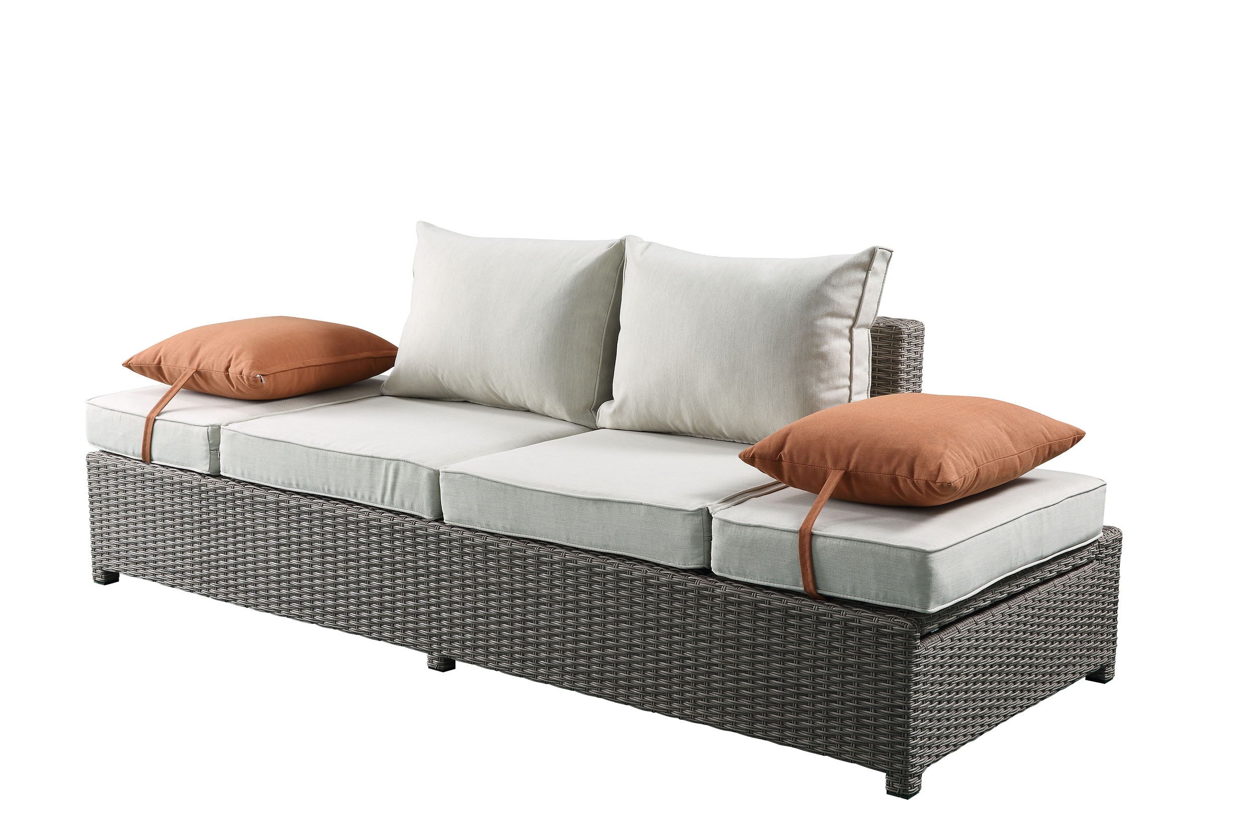 Salena - All Weather Wicker Patio Sofa & Ottoman With 2 Toss Pillows - Beige / Gray