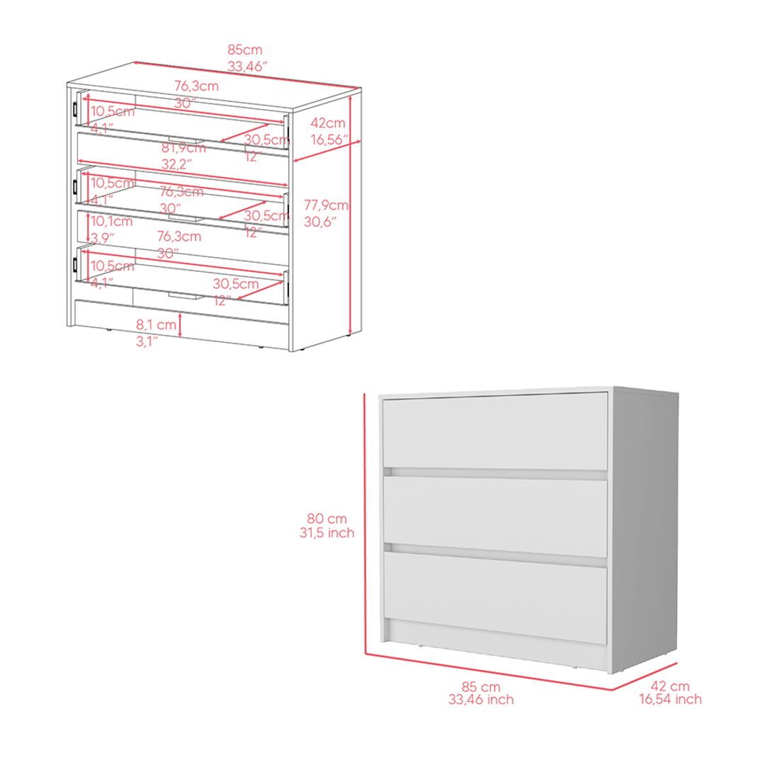 Wooden Three Drawer Dresser - White