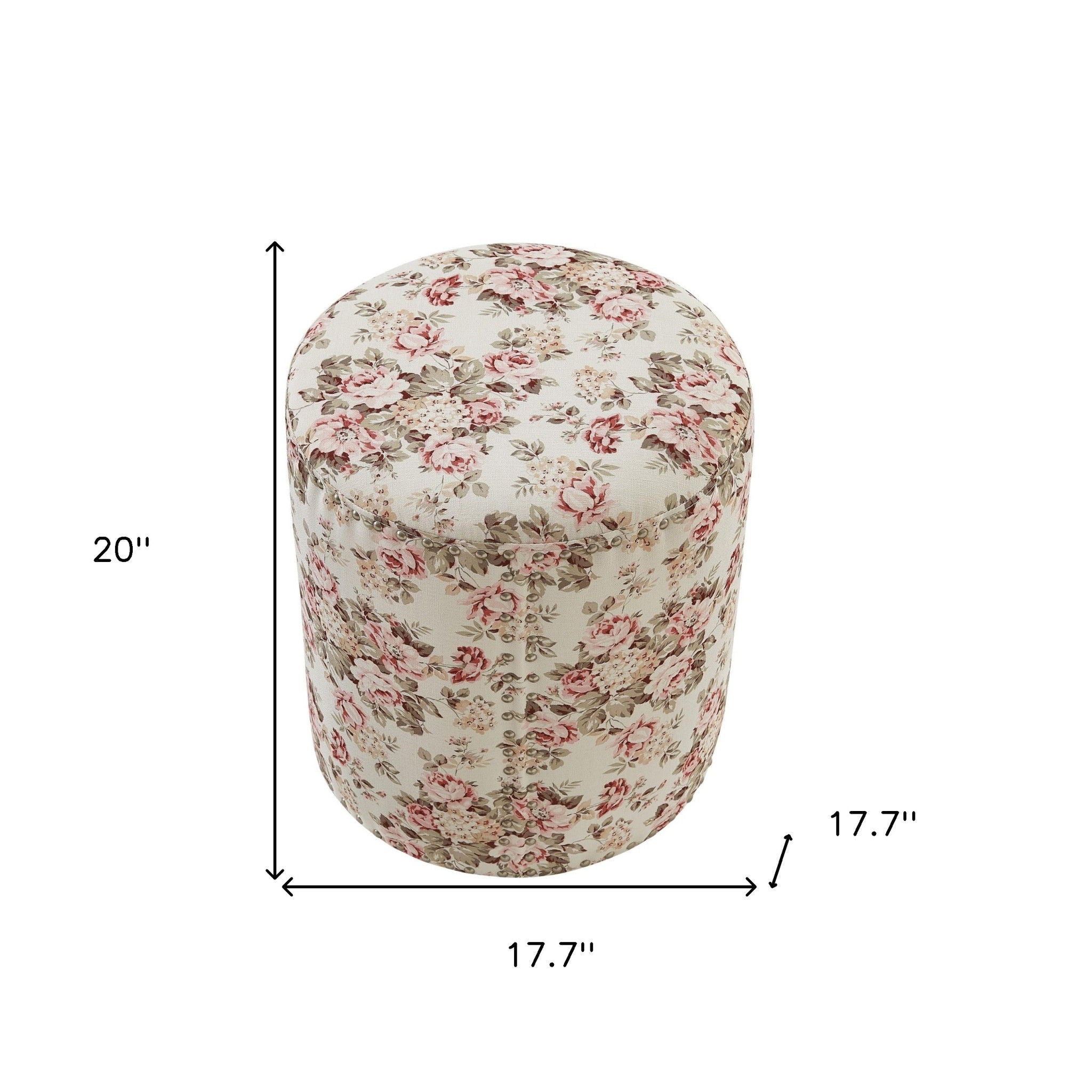 Linen Round Floral Ottoman - Ivory